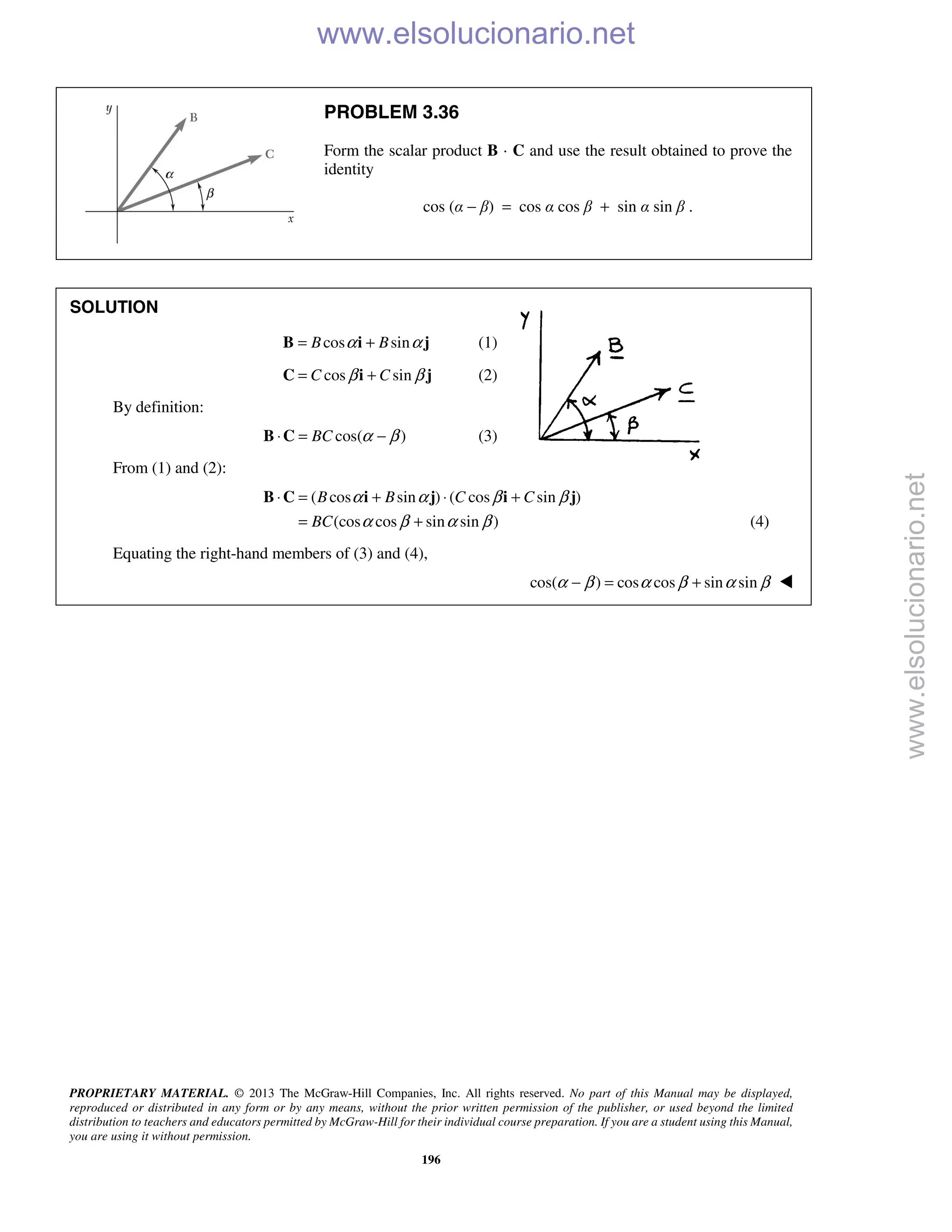PROPRIETARY MATERIAL. © 2013 The McGraw-Hill Companies, Inc. All rights reserved. No part of this Manual may be displayed,
reproduced or distributed in any form or by any means, without the prior written permission of the publisher, or used beyond the limited
distribution to teachers and educators permitted by McGraw-Hill for their individual course preparation. If you are a student using this Manual,
you are using it without permission.
196
PROBLEM 3.36
Form the scalar product B · C and use the result obtained to prove the
identity
cos (α − β) = cos α cos β + sin α sin β .
SOLUTION
cos sinB Bα α= +B i j (1)
cos sinC Cβ β= +C i j (2)
By definition:
cos( )BC α β⋅ = −B C (3)
From (1) and (2):
( cos sin ) ( cos sin )
(cos cos sin sin )
B B C C
BC
α α β β
α β α β
⋅ = + ⋅ +
= +
B C i j i j
(4)
Equating the right-hand members of (3) and (4),
cos( ) cos cos sin sinα β α β α β− = + 
www.elsolucionario.net
www.elsolucionario.net
 