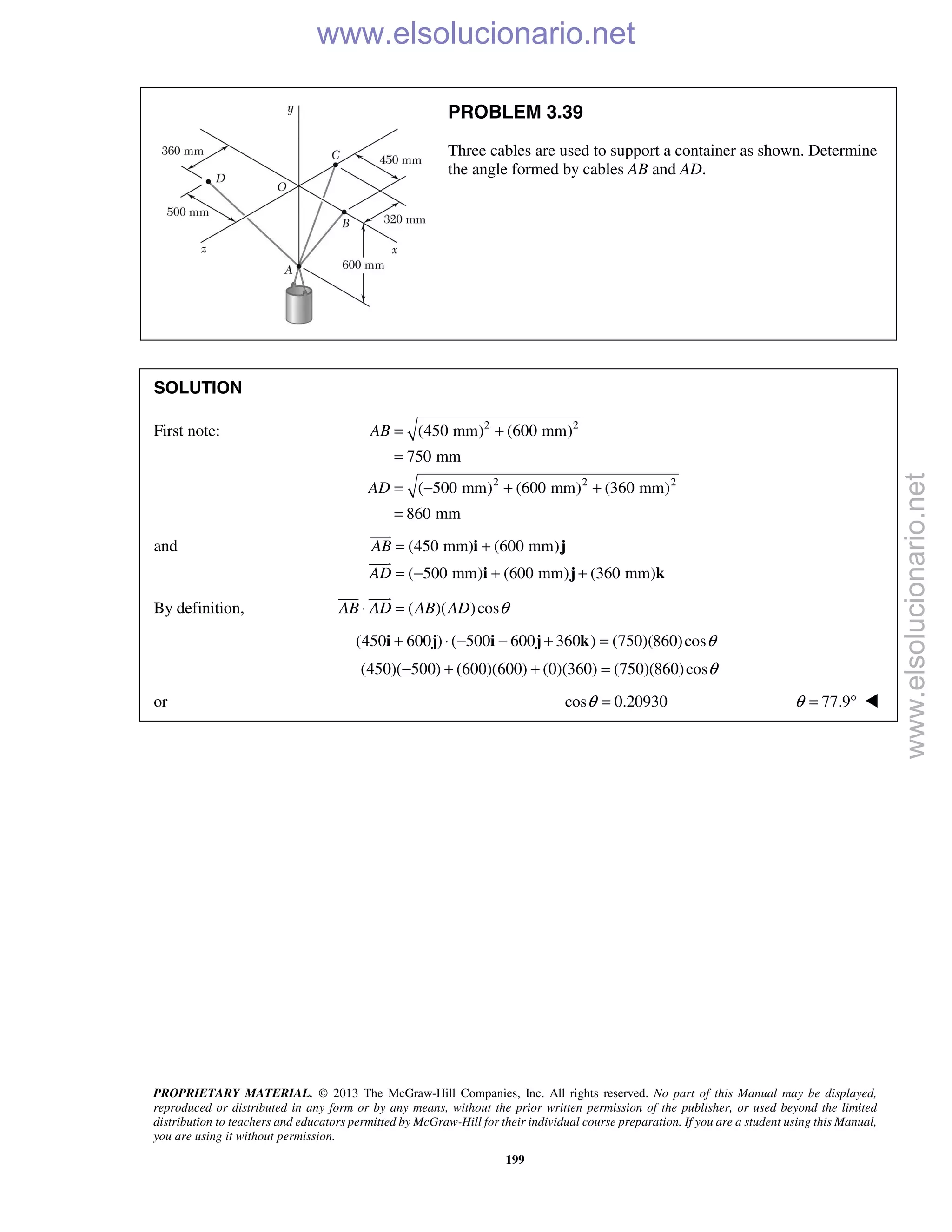 PROPRIETARY MATERIAL. © 2013 The McGraw-Hill Companies, Inc. All rights reserved. No part of this Manual may be displayed,
reproduced or distributed in any form or by any means, without the prior written permission of the publisher, or used beyond the limited
distribution to teachers and educators permitted by McGraw-Hill for their individual course preparation. If you are a student using this Manual,
you are using it without permission.
199
PROBLEM 3.39
Three cables are used to support a container as shown. Determine
the angle formed by cables AB and AD.
SOLUTION
First note: 2 2
2 2 2
(450 mm) (600 mm)
750 mm
( 500 mm) (600 mm) (360 mm)
860 mm
AB
AD
= +
=
= − + +
=
and (450 mm) (600 mm)
( 500 mm) (600 mm) (360 mm)
AB
AD
= +
= − + +
i j
i j k


By definition, ( )( )cosAB AD AB AD θ⋅ =
 
(450 600 ) ( 500 600 360 ) (750)(860)cosθ+ ⋅ − − + =i j i j k
(450)( 500) (600)(600) (0)(360) (750)(860)cosθ− + + =
or cos 0.20930θ = 77.9θ = ° 
www.elsolucionario.net
www.elsolucionario.net
 