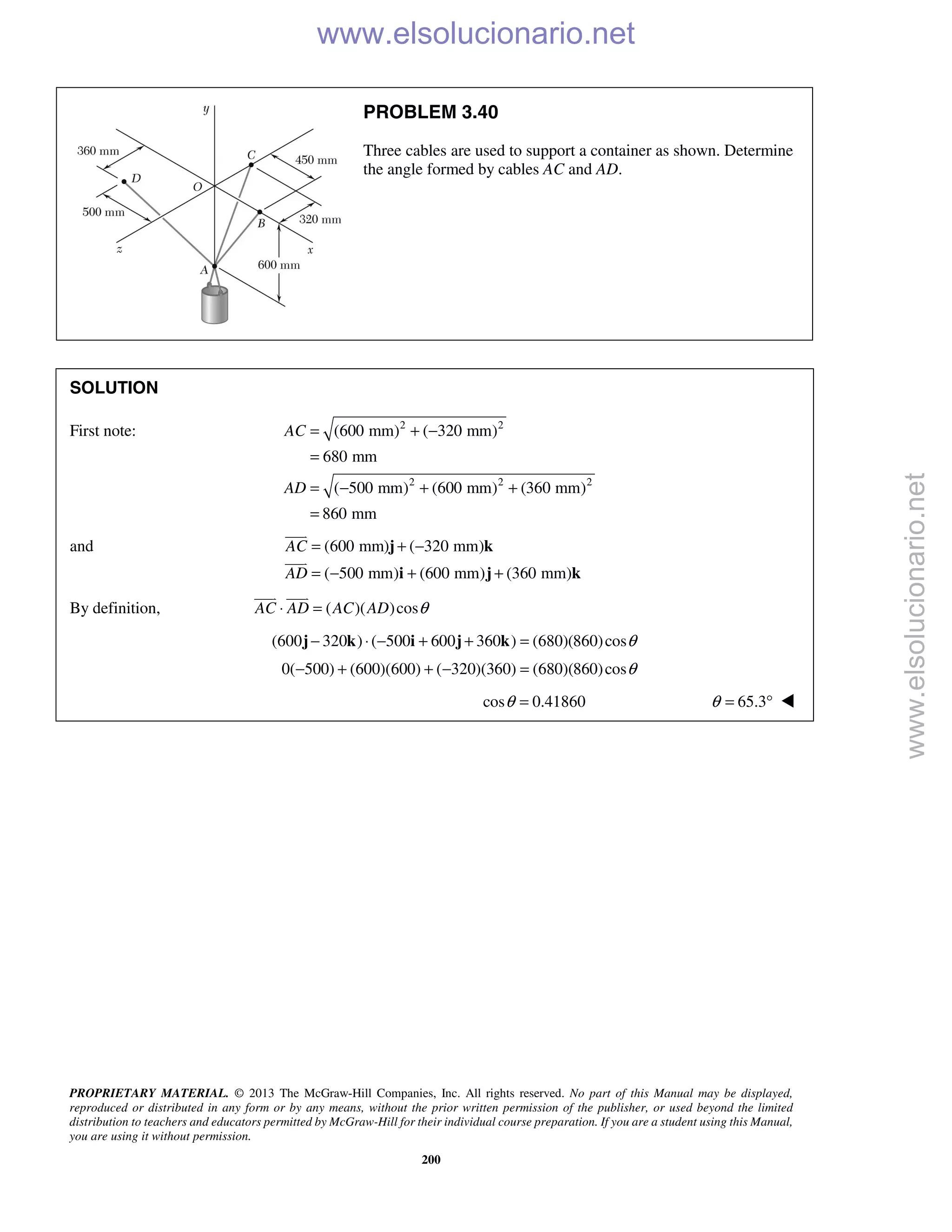 PROPRIETARY MATERIAL. © 2013 The McGraw-Hill Companies, Inc. All rights reserved. No part of this Manual may be displayed,
reproduced or distributed in any form or by any means, without the prior written permission of the publisher, or used beyond the limited
distribution to teachers and educators permitted by McGraw-Hill for their individual course preparation. If you are a student using this Manual,
you are using it without permission.
200
PROBLEM 3.40
Three cables are used to support a container as shown. Determine
the angle formed by cables AC and AD.
SOLUTION
First note: 2 2
2 2 2
(600 mm) ( 320 mm)
680 mm
( 500 mm) (600 mm) (360 mm)
860 mm
AC
AD
= + −
=
= − + +
=
and (600 mm) ( 320 mm)
( 500 mm) (600 mm) (360 mm)
AC
AD
= + −
= − + +
j k
i j k


By definition, ( )( )cosAC AD AC AD θ⋅ =
 
(600 320 ) ( 500 600 360 ) (680)(860)cosθ− ⋅ − + + =j k i j k
0( 500) (600)(600) ( 320)(360) (680)(860)cosθ− + + − =
cos 0.41860θ = 65.3θ = ° 
www.elsolucionario.net
www.elsolucionario.net
 