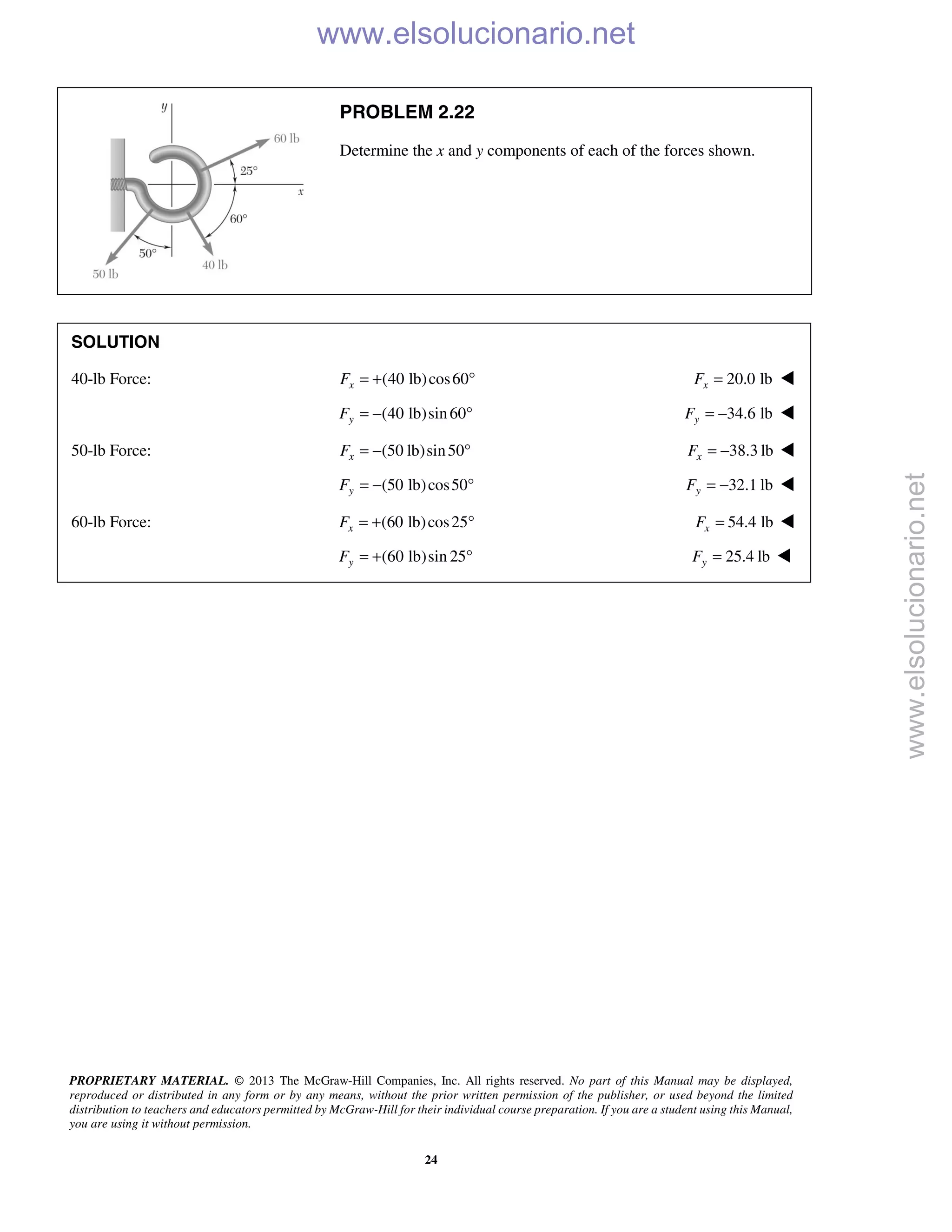 PROPRIETARY MATERIAL. © 2013 The McGraw-Hill Companies, Inc. All rights reserved. No part of this Manual may be displayed,
reproduced or distributed in any form or by any means, without the prior written permission of the publisher, or used beyond the limited
distribution to teachers and educators permitted by McGraw-Hill for their individual course preparation. If you are a student using this Manual,
you are using it without permission.
24
PROBLEM 2.22
Determine the x and y components of each of the forces shown.
SOLUTION
40-lb Force: (40 lb)cos60xF = + ° 20.0 lbxF = 
(40 lb)sin60yF = − ° 34.6 lbyF = − 
50-lb Force: (50 lb)sin50xF = − ° 38.3 lbxF = − 
(50 lb)cos50yF = − ° 32.1 lbyF = − 
60-lb Force: (60 lb)cos25xF = + ° 54.4 lbxF = 
(60 lb)sin 25yF = + ° 25.4 lbyF = 
www.elsolucionario.net
www.elsolucionario.net
 