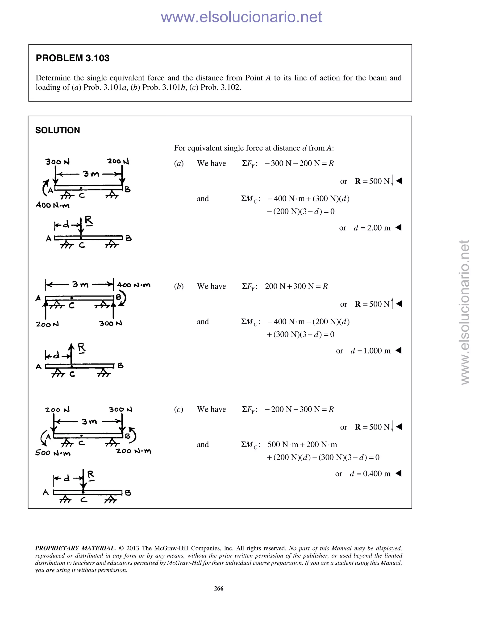 PROPRIETARY MATERIAL. © 2013 The McGraw-Hill Companies, Inc. All rights reserved. No part of this Manual may be displayed,
reproduced or distributed in any form or by any means, without the prior written permission of the publisher, or used beyond the limited
distribution to teachers and educators permitted by McGraw-Hill for their individual course preparation. If you are a student using this Manual,
you are using it without permission.
266
PROBLEM 3.103
Determine the single equivalent force and the distance from Point A to its line of action for the beam and
loading of (a) Prob. 3.101a, (b) Prob. 3.101b, (c) Prob. 3.102.
SOLUTION
For equivalent single force at distance d from A:
(a) We have : 300 N 200 NYF RΣ − − =
or 500 N=R 
and : 400 N m (300 N)( )
(200 N)(3 ) 0
CM d
d
Σ − ⋅ +
− − =
or 2.00 md = 
(b) We have : 200 N 300 NYF RΣ + =
or 500 N=R 
and : 400 N m (200 N)( )
(300 N)(3 ) 0
CM d
d
Σ − ⋅ −
+ − =
or 1.000 md = 
(c) We have : 200 N 300 NYF RΣ − − =
or 500 N=R 
and : 500 N m 200 N m
(200 N)( ) (300 N)(3 ) 0
CM
d d
Σ ⋅ + ⋅
+ − − =
or 0.400 md = 
www.elsolucionario.net
www.elsolucionario.net
 