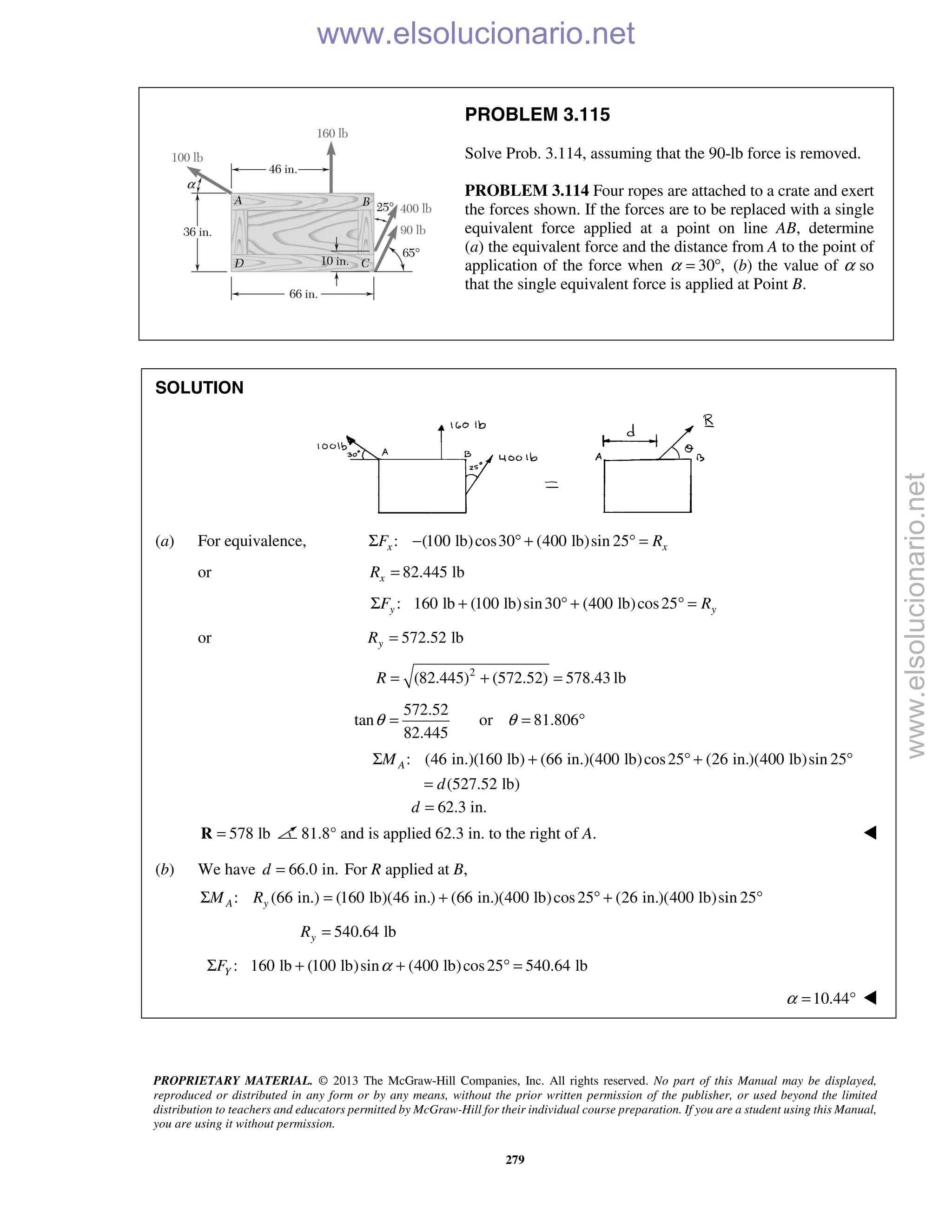 PROPRIETARY MATERIAL. © 2013 The McGraw-Hill Companies, Inc. All rights reserved. No part of this Manual may be displayed,
reproduced or distributed in any form or by any means, without the prior written permission of the publisher, or used beyond the limited
distribution to teachers and educators permitted by McGraw-Hill for their individual course preparation. If you are a student using this Manual,
you are using it without permission.
279
PROBLEM 3.115
Solve Prob. 3.114, assuming that the 90-lb force is removed.
PROBLEM 3.114 Four ropes are attached to a crate and exert
the forces shown. If the forces are to be replaced with a single
equivalent force applied at a point on line AB, determine
(a) the equivalent force and the distance from A to the point of
application of the force when 30 ,α = ° (b) the value of α so
that the single equivalent force is applied at Point B.
SOLUTION
(a) For equivalence, : (100 lb)cos30 (400 lb)sin 25x xF RΣ − ° + ° =
or 82.445 lbxR =
: 160 lb (100 lb)sin30 (400 lb)cos25y yF RΣ + ° + ° =
or 572.52 lbyR =
2
(82.445) (572.52) 578.43 lbR = + =
572.52
tan
82.445
θ = or 81.806θ = °
: (46 in.)(160 lb) (66 in.)(400 lb)cos25 (26 in.)(400 lb)sin 25
(527.52 lb)
AM
d
Σ + ° + °
=
62.3 in.d =
578 lb=R 81.8° and is applied 62.3 in. to the right of A. 
(b) We have 66.0 in.d = For R applied at B,
: (66 in.) (160 lb)(46 in.) (66 in.)(400 lb)cos25 (26 in.)(400 lb)sin 25A yM RΣ = + ° + °
540.64 lbyR =
: 160 lb (100 lb)sin (400 lb)cos25 540.64 lbYF αΣ + + ° =
10.44α = ° 
www.elsolucionario.net
www.elsolucionario.net
 