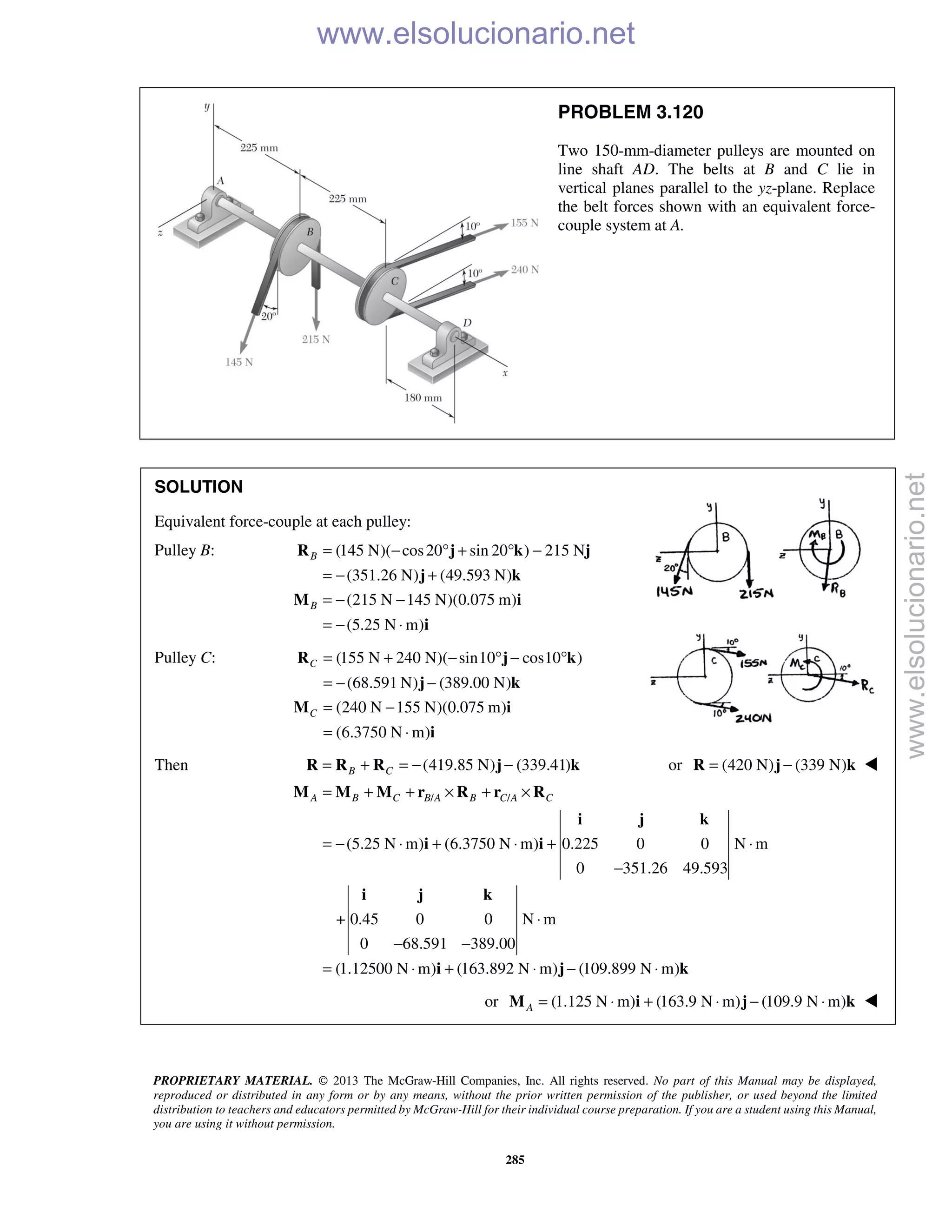 PROPRIETARY MATERIAL. © 2013 The McGraw-Hill Companies, Inc. All rights reserved. No part of this Manual may be displayed,
reproduced or distributed in any form or by any means, without the prior written permission of the publisher, or used beyond the limited
distribution to teachers and educators permitted by McGraw-Hill for their individual course preparation. If you are a student using this Manual,
you are using it without permission.
285
PROBLEM 3.120
Two 150-mm-diameter pulleys are mounted on
line shaft AD. The belts at B and C lie in
vertical planes parallel to the yz-plane. Replace
the belt forces shown with an equivalent force-
couple system at A.
SOLUTION
Equivalent force-couple at each pulley:
Pulley B: (145 N)( cos20 sin 20 ) 215 N
(351.26 N) (49.593 N)
(215 N 145 N)(0.075 m)
(5.25 N m)
B
B
= − ° + ° −
= − +
= − −
= − ⋅
R j k j
j k
M i
i
Pulley C: (155 N 240 N)( sin10 cos10 )
(68.591 N) (389.00 N)
(240 N 155 N)(0.075 m)
(6.3750 N m)
C
C
= + − ° − °
= − −
= −
= ⋅
R j k
j k
M i
i
Then (419.85 N) (339.41)B C= + = − −R R R j k or (420 N) (339 N)= −R j k 
/ /
(5.25 N m) (6.3750 N m) 0.225 0 0 N m
0 351.26 49.593
+ 0.45 0 0 N m
0 68.591 389.00
(1.12500 N m) (163.892 N m) (109.899 N m)
A B C B A B C A C= + + × + ×
= − ⋅ + ⋅ + ⋅
−
⋅
− −
= ⋅ + ⋅ − ⋅
M M M r R r R
i j k
i i
i j k
i j k
or (1.125 N m) (163.9 N m) (109.9 N m)A = ⋅ + ⋅ − ⋅M i j k 
www.elsolucionario.net
www.elsolucionario.net
 