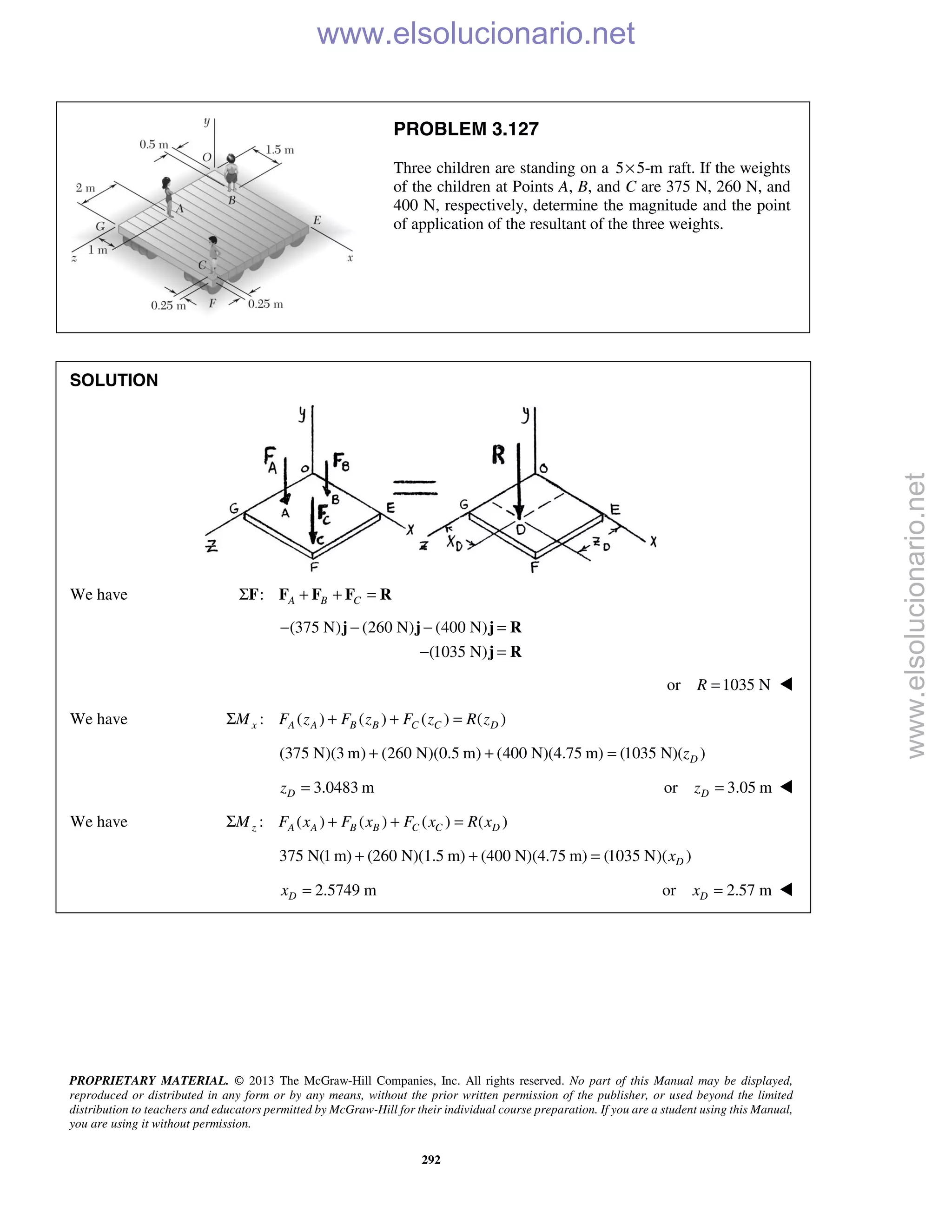 PROPRIETARY MATERIAL. © 2013 The McGraw-Hill Companies, Inc. All rights reserved. No part of this Manual may be displayed,
reproduced or distributed in any form or by any means, without the prior written permission of the publisher, or used beyond the limited
distribution to teachers and educators permitted by McGraw-Hill for their individual course preparation. If you are a student using this Manual,
you are using it without permission.
292
PROBLEM 3.127
Three children are standing on a 5 5-m× raft. If the weights
of the children at Points A, B, and C are 375 N, 260 N, and
400 N, respectively, determine the magnitude and the point
of application of the resultant of the three weights.
SOLUTION
We have : A B CΣ + + =F F F F R
(375 N) (260 N) (400 N)
(1035 N)
− − − =
− =
j j j R
j R
or 1035 NR = 
We have : ( ) ( ) ( ) ( )x A A B B C C DM F z F z F z R zΣ + + =
(375 N)(3 m) (260 N)(0.5 m) (400 N)(4.75 m) (1035 N)( )Dz+ + =
3.0483 mDz = or 3.05 mDz = 
We have : ( ) ( ) ( ) ( )z A A B B C C DM F x F x F x R xΣ + + =
375 N(1 m) (260 N)(1.5 m) (400 N)(4.75 m) (1035 N)( )Dx+ + =
2.5749 mDx = or 2.57 mDx = 
www.elsolucionario.net
www.elsolucionario.net
 