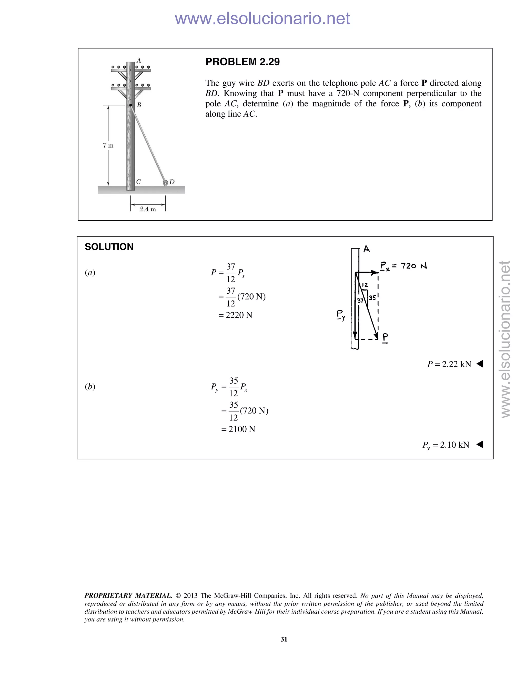 PROPRIETARY MATERIAL. © 2013 The McGraw-Hill Companies, Inc. All rights reserved. No part of this Manual may be displayed,
reproduced or distributed in any form or by any means, without the prior written permission of the publisher, or used beyond the limited
distribution to teachers and educators permitted by McGraw-Hill for their individual course preparation. If you are a student using this Manual,
you are using it without permission.
31
PROBLEM 2.29
The guy wire BD exerts on the telephone pole AC a force P directed along
BD. Knowing that P must have a 720-N component perpendicular to the
pole AC, determine (a) the magnitude of the force P, (b) its component
along line AC.
SOLUTION
(a)
37
12
37
(720 N)
12
2220 N
=
=
=
xP P
2.22 kNP = 
(b)
35
12
35
(720 N)
12
2100 N
y xP P=
=
=
2.10 kN=yP 
www.elsolucionario.net
www.elsolucionario.net
 