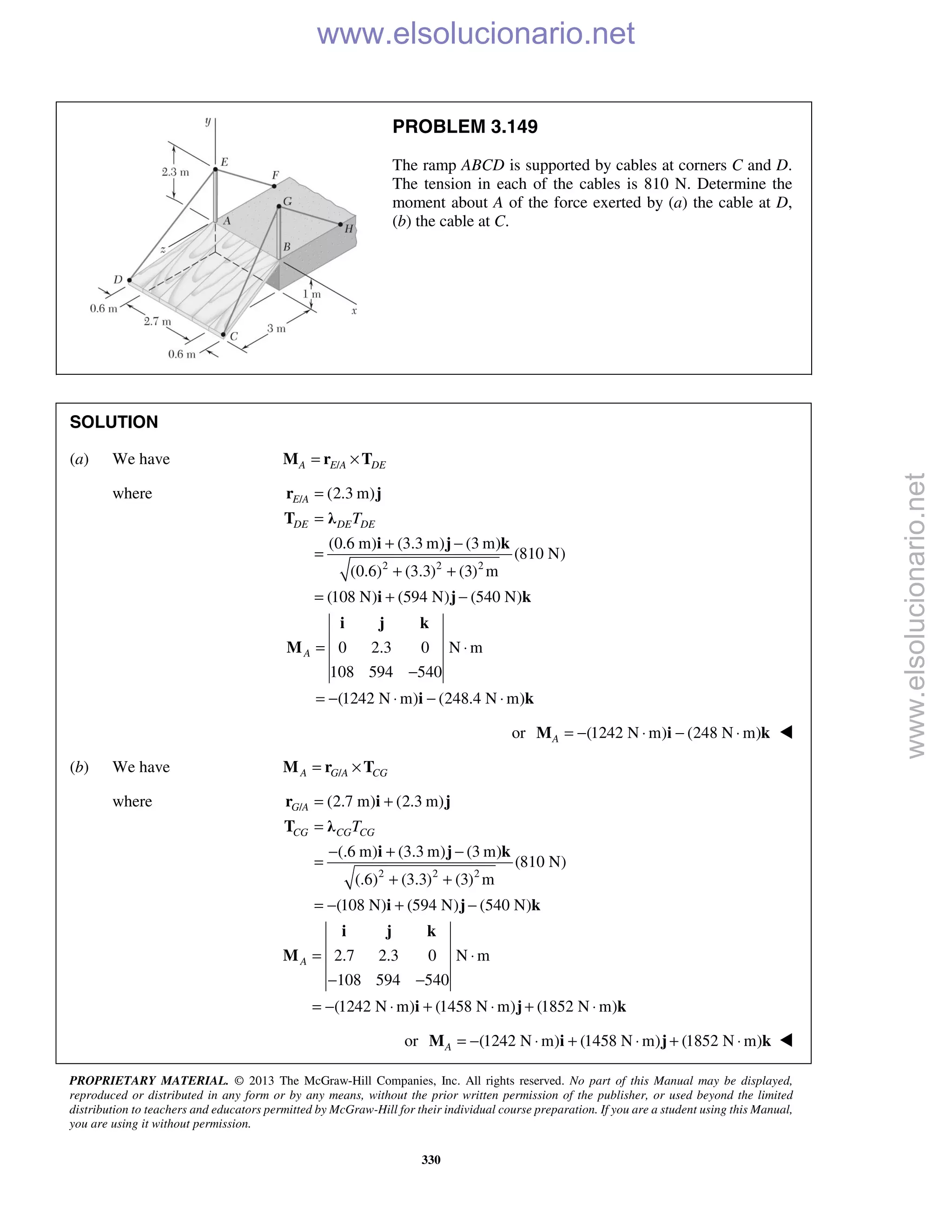PROPRIETARY MATERIAL. © 2013 The McGraw-Hill Companies, Inc. All rights reserved. No part of this Manual may be displayed,
reproduced or distributed in any form or by any means, without the prior written permission of the publisher, or used beyond the limited
distribution to teachers and educators permitted by McGraw-Hill for their individual course preparation. If you are a student using this Manual,
you are using it without permission.
330
PROBLEM 3.149
The ramp ABCD is supported by cables at corners C and D.
The tension in each of the cables is 810 N. Determine the
moment about A of the force exerted by (a) the cable at D,
(b) the cable at C.
SOLUTION
(a) We have /A E A DE= ×M r T
where /
2 2 2
(2.3 m)
(0.6 m) (3.3 m) (3 m)
(810 N)
(0.6) (3.3) (3) m
(108 N) (594 N) (540 N)
E A
DE DE DET
=
=
+ −
=
+ +
= + −
r j
T λ
i j k
i j k
0 2.3 0 N m
108 594 540
(1242 N m) (248.4 N m)
A = ⋅
−
= − ⋅ − ⋅
i j k
M
i k
or (1242 N m) (248 N m)A = − ⋅ − ⋅M i k 
(b) We have /A G A CG= ×M r T
where /
2 2 2
(2.7 m) (2.3 m)
(.6 m) (3.3 m) (3 m)
(810 N)
(.6) (3.3) (3) m
(108 N) (594 N) (540 N)
G A
CG CG CGT
= +
=
− + −
=
+ +
= − + −
r i j
T λ
i j k
i j k
2.7 2.3 0 N m
108 594 540
(1242 N m) (1458 N m) (1852 N m)
A = ⋅
− −
= − ⋅ + ⋅ + ⋅
i j k
M
i j k
or (1242 N m) (1458 N m) (1852 N m)A = − ⋅ + ⋅ + ⋅M i j k 
www.elsolucionario.net
www.elsolucionario.net
 