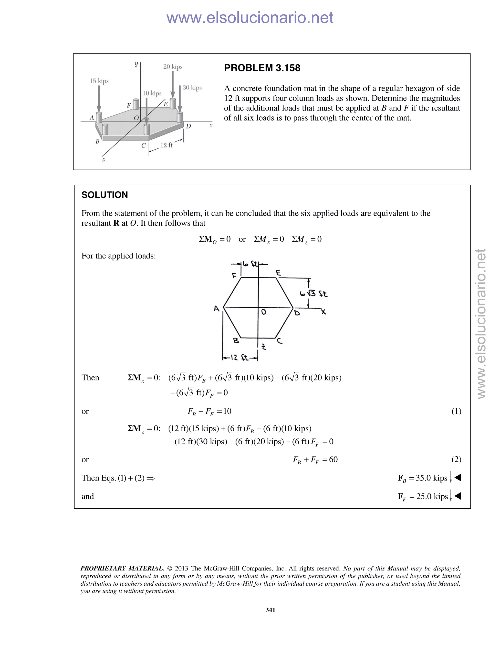 PROPRIETARY MATERIAL. © 2013 The McGraw-Hill Companies, Inc. All rights reserved. No part of this Manual may be displayed,
reproduced or distributed in any form or by any means, without the prior written permission of the publisher, or used beyond the limited
distribution to teachers and educators permitted by McGraw-Hill for their individual course preparation. If you are a student using this Manual,
you are using it without permission.
341
PROBLEM 3.158
A concrete foundation mat in the shape of a regular hexagon of side
12 ft supports four column loads as shown. Determine the magnitudes
of the additional loads that must be applied at B and F if the resultant
of all six loads is to pass through the center of the mat.
SOLUTION
From the statement of the problem, it can be concluded that the six applied loads are equivalent to the
resultant R at O. It then follows that
0 or 0 0O x zM MΣ = Σ = Σ =M
For the applied loads:
Then 0: (6 3 ft) (6 3 ft)(10 kips) (6 3 ft)(20 kips)
(6 3 ft) 0
x B
F
F
F
Σ = + −
− =
M
or 10B FF F− = (1)
0: (12 ft)(15 kips) (6 ft) (6 ft)(10 kips)
(12 ft)(30 kips) (6 ft)(20 kips) (6 ft) 0
z B
F
F
F
Σ = + −
− − + =
M
or 60B FF F+ = (2)
Then Eqs.(1) (2)+  35.0 kipsB =F 
and 25.0 kipsF =F 
www.elsolucionario.net
www.elsolucionario.net
 