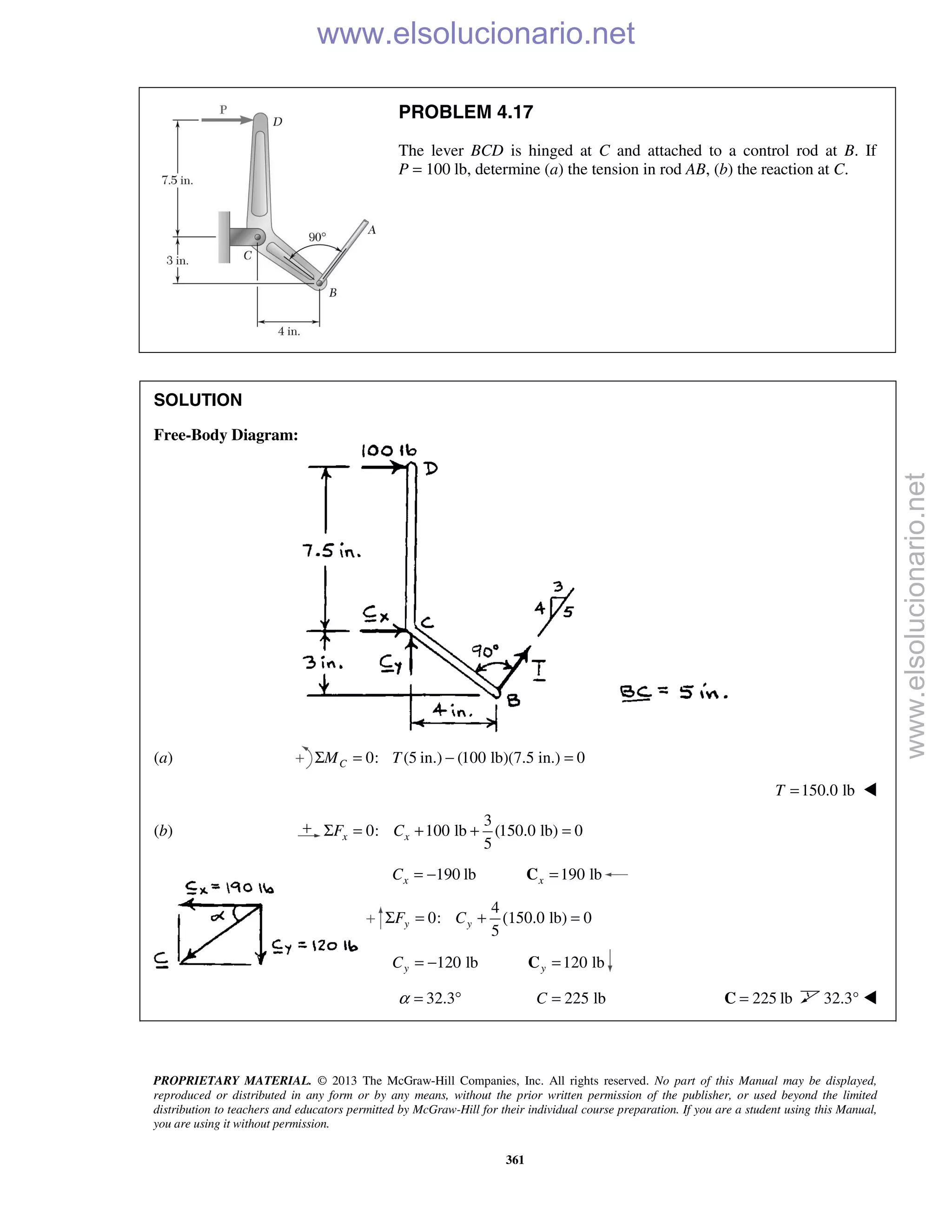 PROPRIETARY MATERIAL. © 2013 The McGraw-Hill Companies, Inc. All rights reserved. No part of this Manual may be displayed,
reproduced or distributed in any form or by any means, without the prior written permission of the publisher, or used beyond the limited
distribution to teachers and educators permitted by McGraw-Hill for their individual course preparation. If you are a student using this Manual,
you are using it without permission.
361
PROBLEM 4.17
The lever BCD is hinged at C and attached to a control rod at B. If
P = 100 lb, determine (a) the tension in rod AB, (b) the reaction at C.
SOLUTION
Free-Body Diagram:
(a) 0: (5 in.) (100 lb)(7.5 in.) 0CM TΣ = − =
150.0 lbT = 
(b)
3
0: 100 lb (150.0 lb) 0
5
x xF CΣ = + + =
190 lbxC = − 190 lbx =C
4
0: lb) 0
5
y yF CΣ = + (150.0 =
120 lbyC = − 120 lby =C
32.3α = ° 225 lbC = 225 lb=C 32.3° 
www.elsolucionario.net
www.elsolucionario.net
 