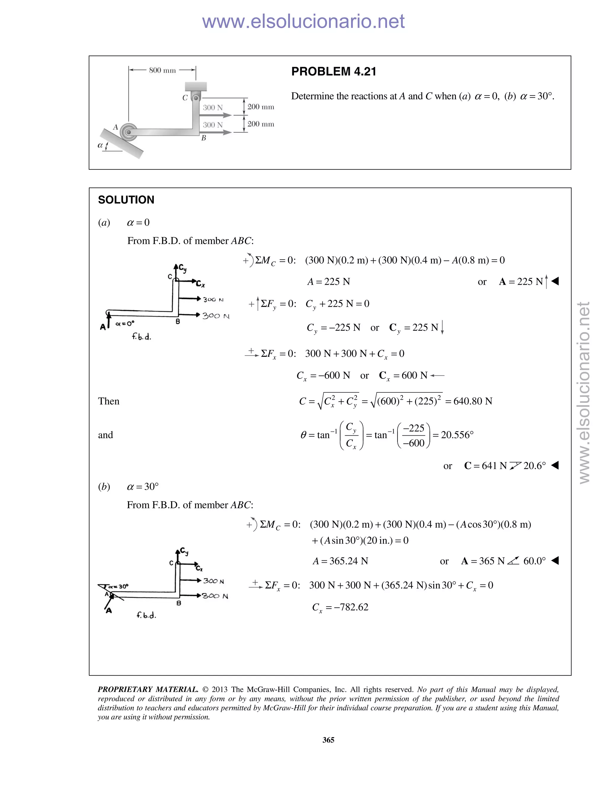 PROPRIETARY MATERIAL. © 2013 The McGraw-Hill Companies, Inc. All rights reserved. No part of this Manual may be displayed,
reproduced or distributed in any form or by any means, without the prior written permission of the publisher, or used beyond the limited
distribution to teachers and educators permitted by McGraw-Hill for their individual course preparation. If you are a student using this Manual,
you are using it without permission.
365
PROBLEM 4.21
Determine the reactions at A and C when (a) 0,α = (b) 30 .α = °
SOLUTION
(a) 0α =
From F.B.D. of member ABC:
0: (300 N)(0.2 m) (300 N)(0.4 m) (0.8 m) 0CM AΣ = + − =
225 NA = or 225 N=A 
0: 225 N 0y yF CΣ = + =
225 N or 225 Ny yC = − =C
0: 300 N 300 N 0x xF CΣ = + + =
600 N or 600 Nx xC = − =C
Then 2 2 2 2
(600) (225) 640.80 Nx yC C C= + = + =
and 1 1 225
tan tan 20.556
600
y
x
C
C
θ − −  − 
= = = °   
−  
or 641 N=C 20.6° 
(b) 30α = °
From F.B.D. of member ABC:
0: (300 N)(0.2 m) (300 N)(0.4 m) ( cos30 )(0.8 m)
( sin30 )(20 in.) 0
CM A
A
Σ = + − °
+ ° =
365.24 NA = or 365 N=A 60.0° 
0: 300 N 300 N (365.24 N)sin30 0x xF CΣ = + + ° + =
782.62xC = −
www.elsolucionario.net
www.elsolucionario.net
 