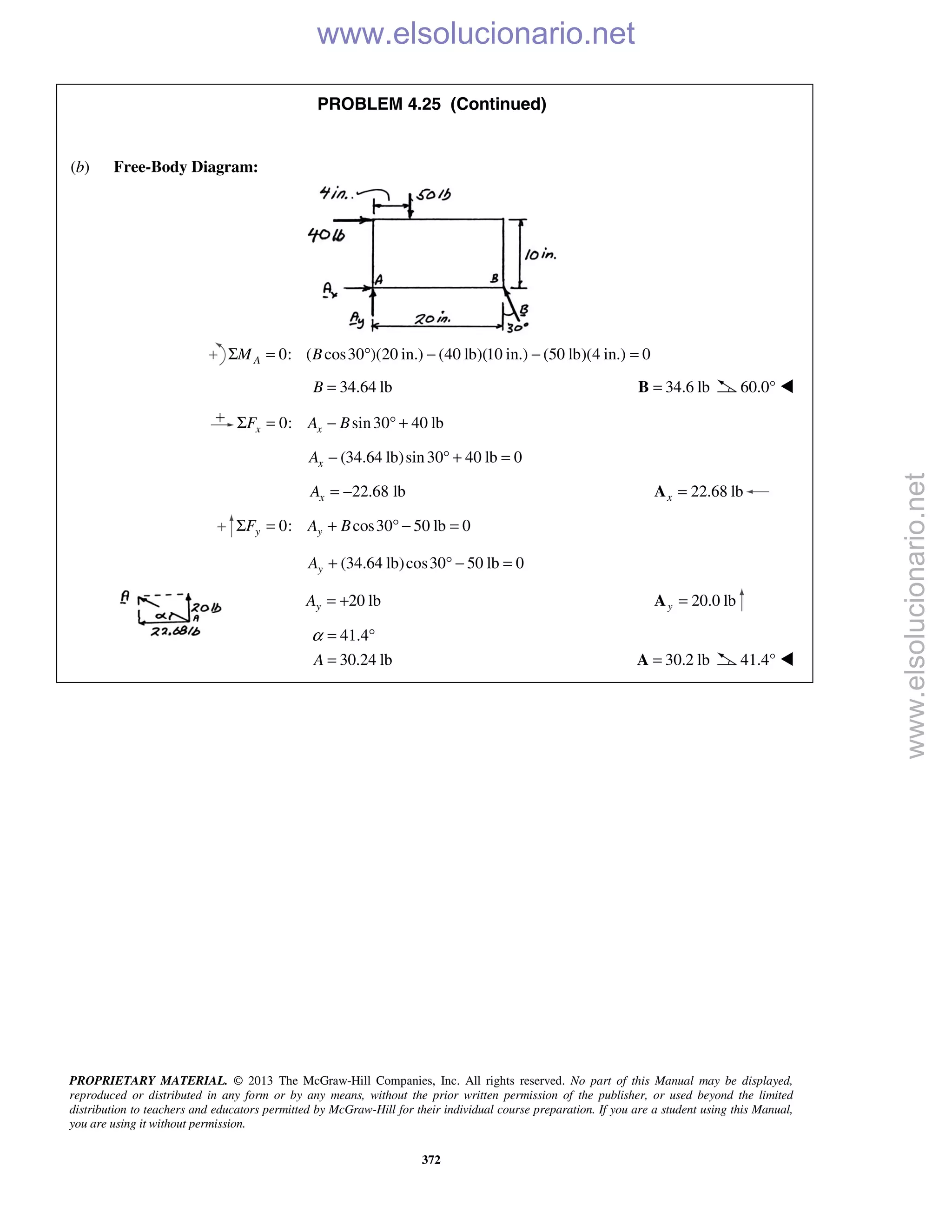 PROPRIETARY MATERIAL. © 2013 The McGraw-Hill Companies, Inc. All rights reserved. No part of this Manual may be displayed,
reproduced or distributed in any form or by any means, without the prior written permission of the publisher, or used beyond the limited
distribution to teachers and educators permitted by McGraw-Hill for their individual course preparation. If you are a student using this Manual,
you are using it without permission.
372
PROBLEM 4.25 (Continued)
(b) Free-Body Diagram:
0: ( cos30 )(20 in.) (40 lb)(10 in.) (50 lb)(4 in.) 0AM BΣ = ° − − =
34.64 lbB = 34.6 lb=B 60.0° 
0: sin30 40 lbx xF A BΣ = − ° +
(34.64 lb)sin30 40 lb 0xA − ° + =
22.68 lbxA = − 22.68 lbx =A
0: cos30 50 lb 0y yF A BΣ = + ° − =
(34.64 lb)cos30 50 lb 0yA + ° − =
20 lbyA = + 20.0 lby =A
41.4
30.24 lbA
α = °
= 30.2 lb=A 41.4° 
www.elsolucionario.net
www.elsolucionario.net
 