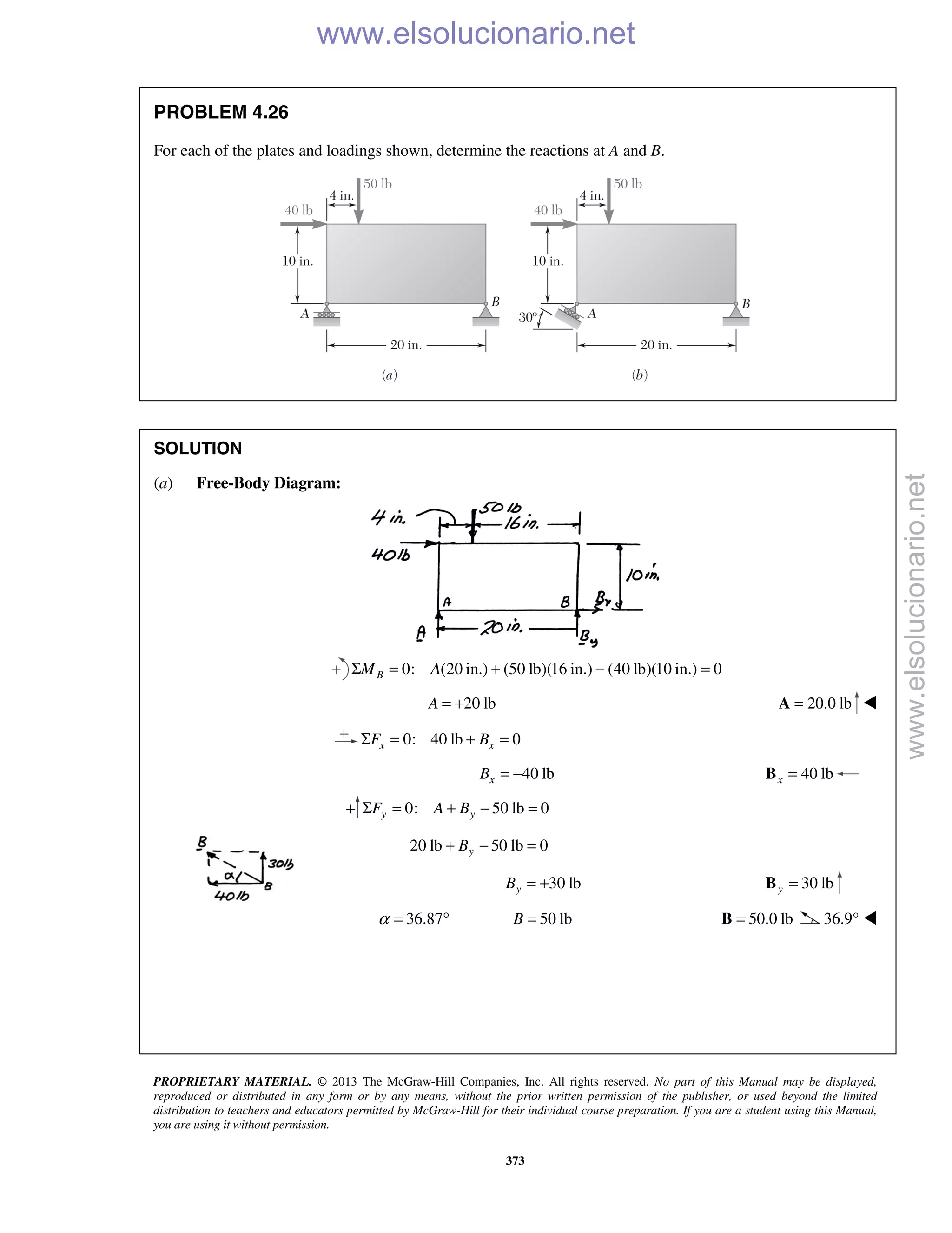 PROPRIETARY MATERIAL. © 2013 The McGraw-Hill Companies, Inc. All rights reserved. No part of this Manual may be displayed,
reproduced or distributed in any form or by any means, without the prior written permission of the publisher, or used beyond the limited
distribution to teachers and educators permitted by McGraw-Hill for their individual course preparation. If you are a student using this Manual,
you are using it without permission.
373
PROBLEM 4.26
For each of the plates and loadings shown, determine the reactions at A and B.
SOLUTION
(a) Free-Body Diagram:
0: (20 in.) (50 lb)(16 in.) (40 lb)(10 in.) 0BM AΣ = + − =
20 lbA = + 20.0 lb=A 
0: 40 lb 0x xF BΣ = + =
40 lbxB = − 40 lbx =B
0: 50 lb 0y yF A BΣ = + − =
20 lb 50 lb 0yB+ − =
30 lbyB = + 30 lby =B
36.87α = ° 50 lbB = 50.0 lb=B 36.9°  www.elsolucionario.net
www.elsolucionario.net
 