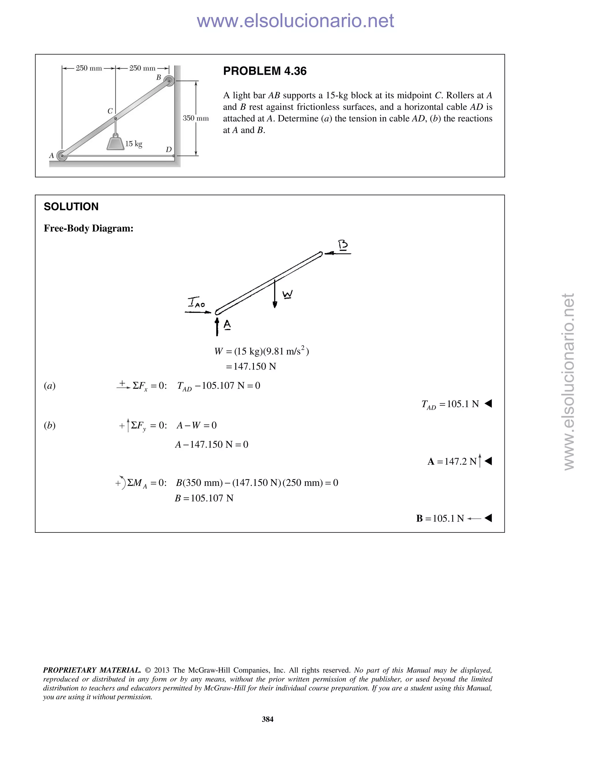 PROPRIETARY MATERIAL. © 2013 The McGraw-Hill Companies, Inc. All rights reserved. No part of this Manual may be displayed,
reproduced or distributed in any form or by any means, without the prior written permission of the publisher, or used beyond the limited
distribution to teachers and educators permitted by McGraw-Hill for their individual course preparation. If you are a student using this Manual,
you are using it without permission.
384
PROBLEM 4.36
A light bar AB supports a 15-kg block at its midpoint C. Rollers at A
and B rest against frictionless surfaces, and a horizontal cable AD is
attached at A. Determine (a) the tension in cable AD, (b) the reactions
at A and B.
SOLUTION
Free-Body Diagram:
2
(15 kg)(9.81 m/s )
147.150 N
W =
=
(a) 0: 105.107 N 0x ADF TΣ = − =
105.1 NADT = 
(b) 0: 0yF A WΣ = − =
147.150 N 0A − =
147.2 N=A 
0: (350 mm) (147.150 N)(250 mm) 0
105.107 N
AM B
B
Σ = − =
=
105.1 N=B 
www.elsolucionario.net
www.elsolucionario.net
 