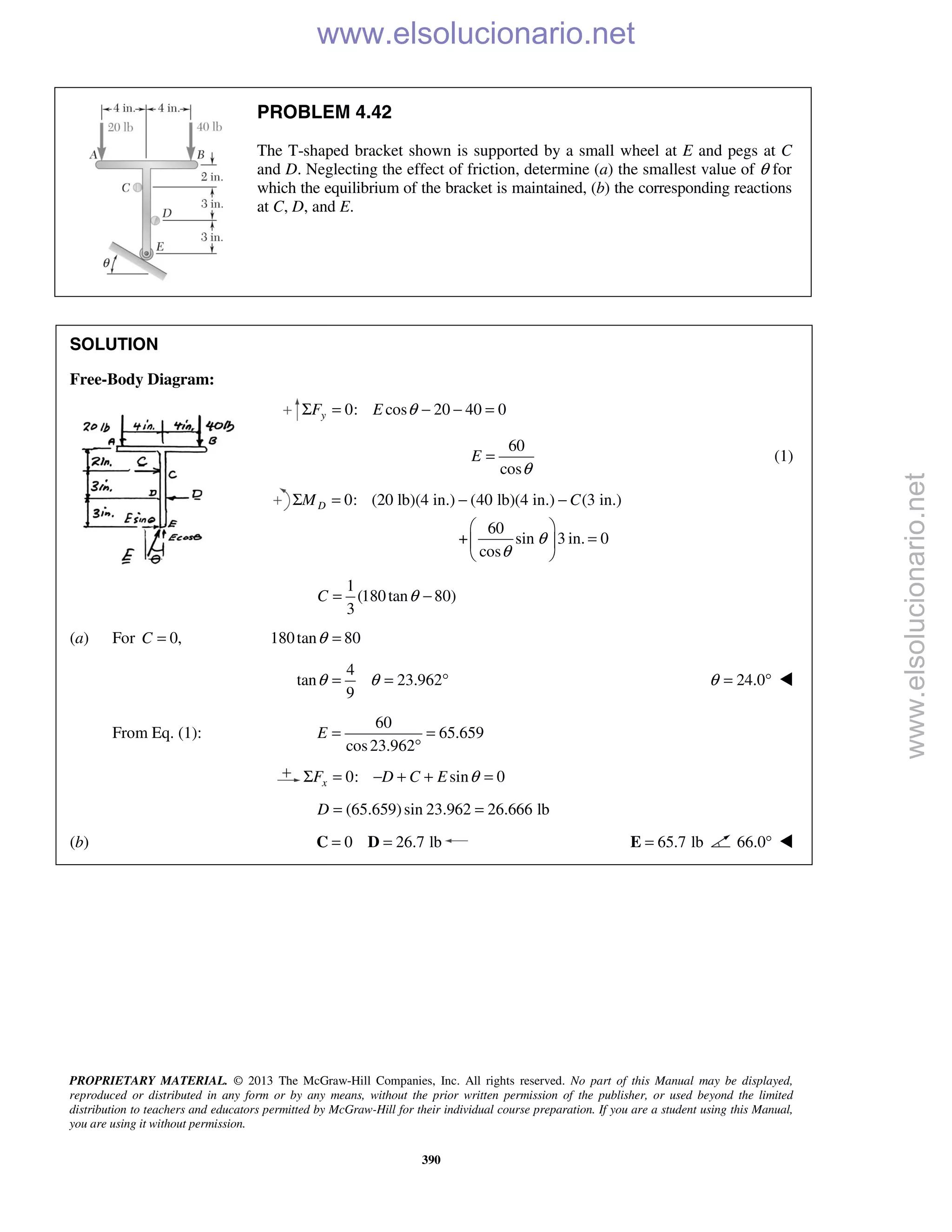 PROPRIETARY MATERIAL. © 2013 The McGraw-Hill Companies, Inc. All rights reserved. No part of this Manual may be displayed,
reproduced or distributed in any form or by any means, without the prior written permission of the publisher, or used beyond the limited
distribution to teachers and educators permitted by McGraw-Hill for their individual course preparation. If you are a student using this Manual,
you are using it without permission.
390
PROBLEM 4.42
The T-shaped bracket shown is supported by a small wheel at E and pegs at C
and D. Neglecting the effect of friction, determine (a) the smallest value of θ for
which the equilibrium of the bracket is maintained, (b) the corresponding reactions
at C, D, and E.
SOLUTION
Free-Body Diagram:
0: cos 20 40 0yF E θΣ = − − =
60
cos
E
θ
= (1)
0: (20 lb)(4 in.) (40 lb)(4 in.) (3 in.)
60
+ sin 3 in. 0
cos
DM C
θ
θ
Σ = − −
 
= 
 
1
(180tan 80)
3
C θ= −
(a) For 0,C = 180tan 80θ =
4
tan 23.962
9
θ θ= = ° 24.0θ = ° 
From Eq. (1):
60
65.659
cos23.962
E = =
°
0: sin 0xF D C E θΣ = − + + =
(65.659)sin 23.962 26.666 lb= =D
(b) 0 26.7 lb= =C D 65.7 lb=E 66.0° 
www.elsolucionario.net
www.elsolucionario.net
 