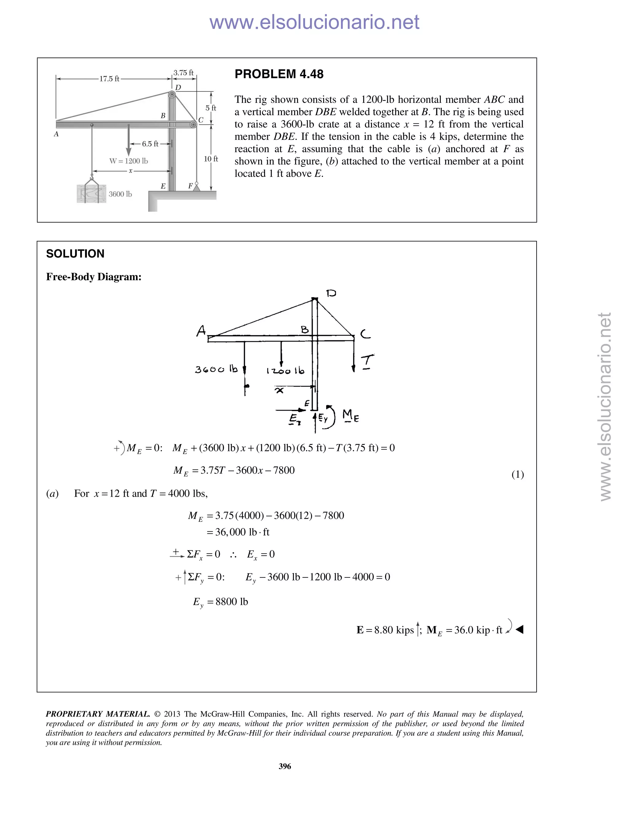 PROPRIETARY MATERIAL. © 2013 The McGraw-Hill Companies, Inc. All rights reserved. No part of this Manual may be displayed,
reproduced or distributed in any form or by any means, without the prior written permission of the publisher, or used beyond the limited
distribution to teachers and educators permitted by McGraw-Hill for their individual course preparation. If you are a student using this Manual,
you are using it without permission.
396
PROBLEM 4.48
The rig shown consists of a 1200-lb horizontal member ABC and
a vertical member DBE welded together at B. The rig is being used
to raise a 3600-lb crate at a distance x = 12 ft from the vertical
member DBE. If the tension in the cable is 4 kips, determine the
reaction at E, assuming that the cable is (a) anchored at F as
shown in the figure, (b) attached to the vertical member at a point
located 1 ft above E.
SOLUTION
Free-Body Diagram:
0: (3600 lb) (1200 lb)(6.5 ft) (3.75 ft) 0E EM M x T= + + − =
3.75 3600 7800EM T x= − − (1)
(a) For 12 ft and 4000 lbs,x T= =
3.75(4000) 3600(12) 7800
36,000 lb ft
EM = − −
= ⋅
0 0x xF EΣ = ∴ =
0: 3600 lb 1200 lb 4000 0y yF EΣ = − − − =
8800 lbyE =
8.80 kips=E ; 36.0 kip ftE = ⋅M 



www.elsolucionario.net
www.elsolucionario.net
 