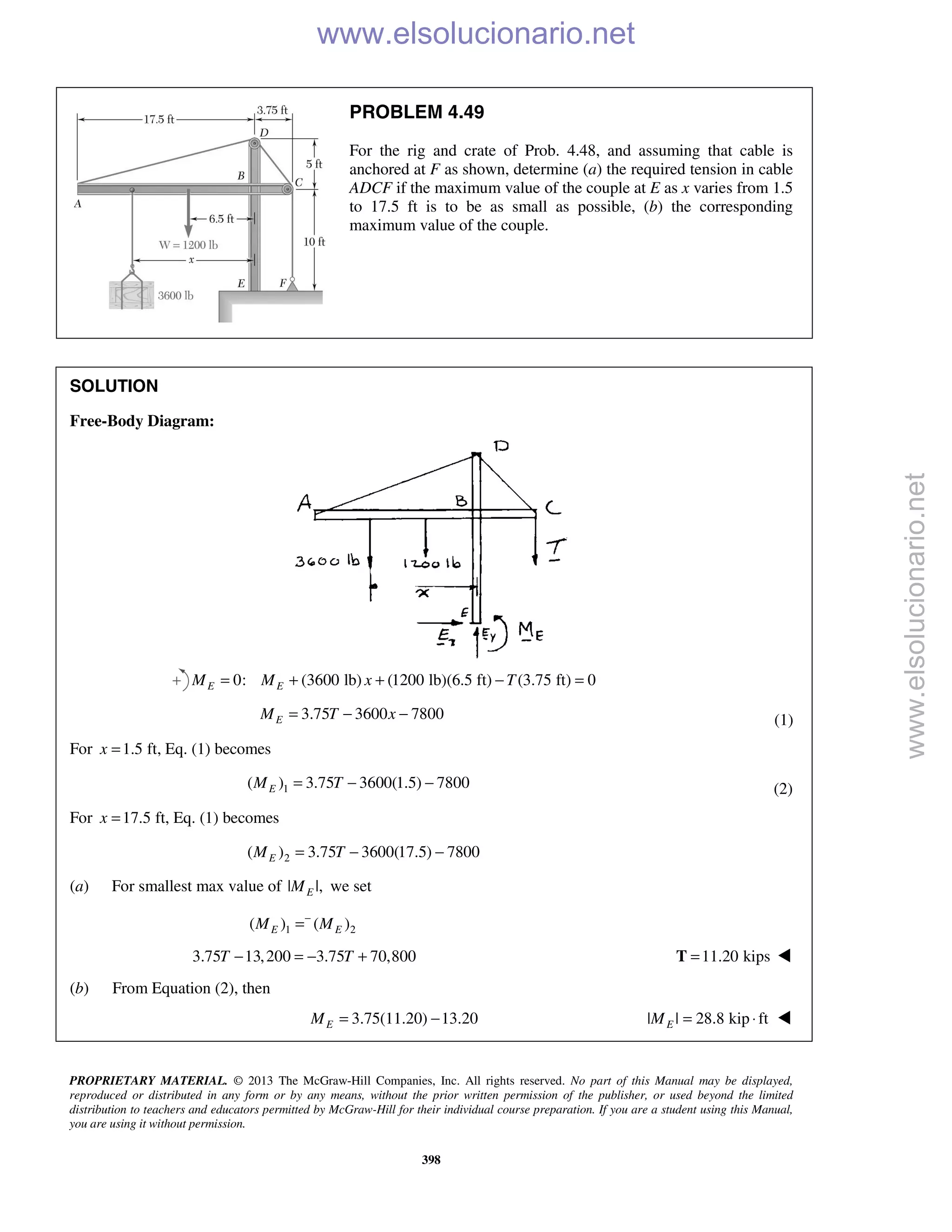 PROPRIETARY MATERIAL. © 2013 The McGraw-Hill Companies, Inc. All rights reserved. No part of this Manual may be displayed,
reproduced or distributed in any form or by any means, without the prior written permission of the publisher, or used beyond the limited
distribution to teachers and educators permitted by McGraw-Hill for their individual course preparation. If you are a student using this Manual,
you are using it without permission.
398
PROBLEM 4.49
For the rig and crate of Prob. 4.48, and assuming that cable is
anchored at F as shown, determine (a) the required tension in cable
ADCF if the maximum value of the couple at E as x varies from 1.5
to 17.5 ft is to be as small as possible, (b) the corresponding
maximum value of the couple.
SOLUTION
Free-Body Diagram:
0: (3600 lb) (1200 lb)(6.5 ft) (3.75 ft) 0E EM M x T= + + − =
3.75 3600 7800EM T x= − − (1)
For 1.5 ft, Eq. (1) becomesx =
1( ) 3.75 3600(1.5) 7800EM T= − − (2)
For 17.5 ft, Eq. (1) becomesx =
2( ) 3.75 3600(17.5) 7800EM T= − −
(a) For smallest max value of | |,EM we set
1 2( ) ( )E EM M−
=
3.75 13,200 3.75 70,800T T− = − + 11.20 kips=T 
(b) From Equation (2), then
3.75(11.20) 13.20EM = − | | 28.8 kip ftEM = ⋅ 
www.elsolucionario.net
www.elsolucionario.net
 