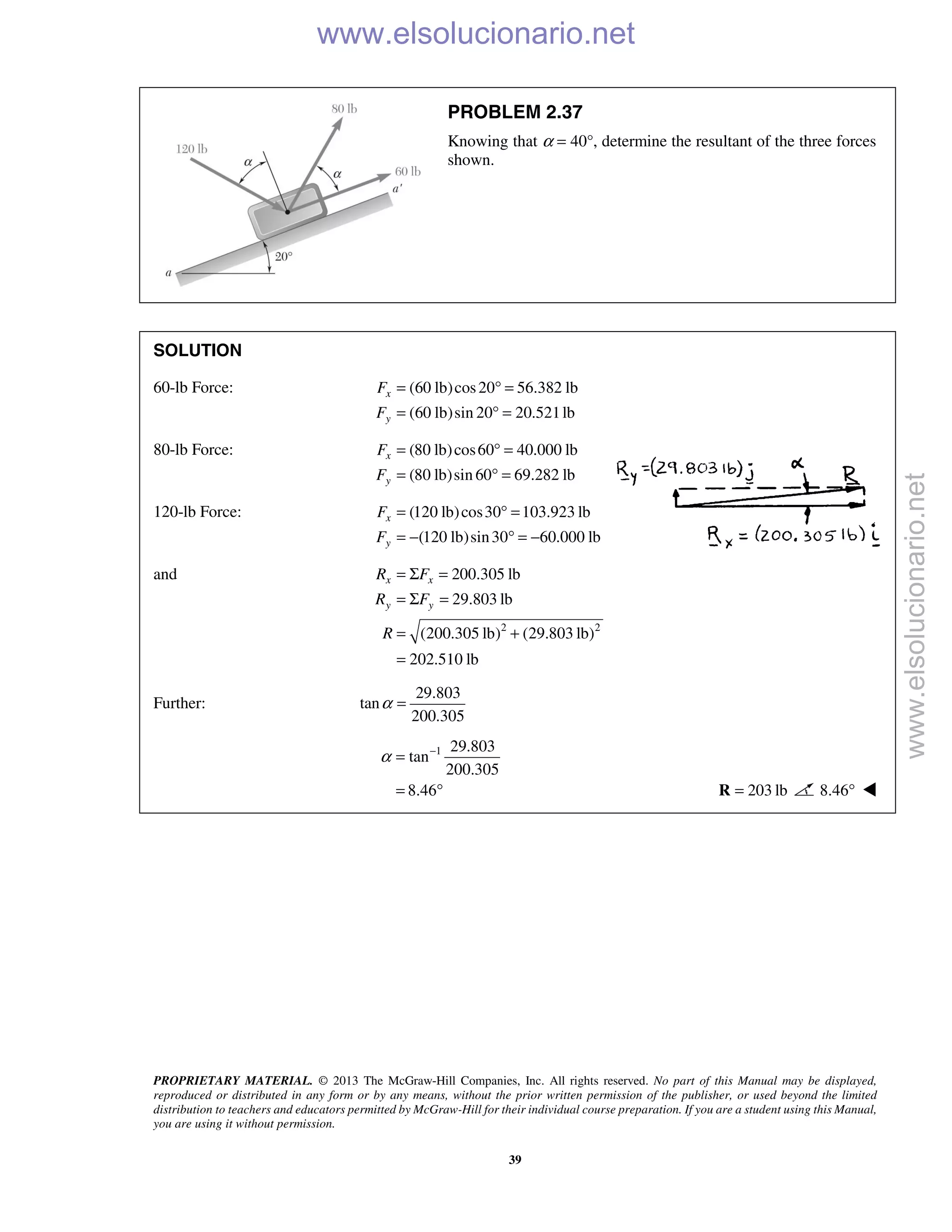 PROPRIETARY MATERIAL. © 2013 The McGraw-Hill Companies, Inc. All rights reserved. No part of this Manual may be displayed,
reproduced or distributed in any form or by any means, without the prior written permission of the publisher, or used beyond the limited
distribution to teachers and educators permitted by McGraw-Hill for their individual course preparation. If you are a student using this Manual,
you are using it without permission.
39
PROBLEM 2.37
Knowing that α = 40°, determine the resultant of the three forces
shown.
SOLUTION
60-lb Force: (60 lb)cos20 56.382 lb
(60 lb)sin 20 20.521lb
x
y
F
F
= ° =
= ° =
80-lb Force: (80 lb)cos60 40.000 lb
(80 lb)sin 60 69.282 lb
x
y
F
F
= ° =
= ° =
120-lb Force: (120 lb)cos30 103.923 lb
(120 lb)sin30 60.000 lb
x
y
F
F
= ° =
= − ° = −
and
2 2
200.305 lb
29.803 lb
(200.305 lb) (29.803 lb)
202.510 lb
x x
y y
R F
R F
R
= Σ =
= Σ =
= +
=
Further:
29.803
tan
200.305
α =
1 29.803
tan
200.305
8.46
α −
=
= ° 203 lb=R 8.46° 
www.elsolucionario.net
www.elsolucionario.net
 
