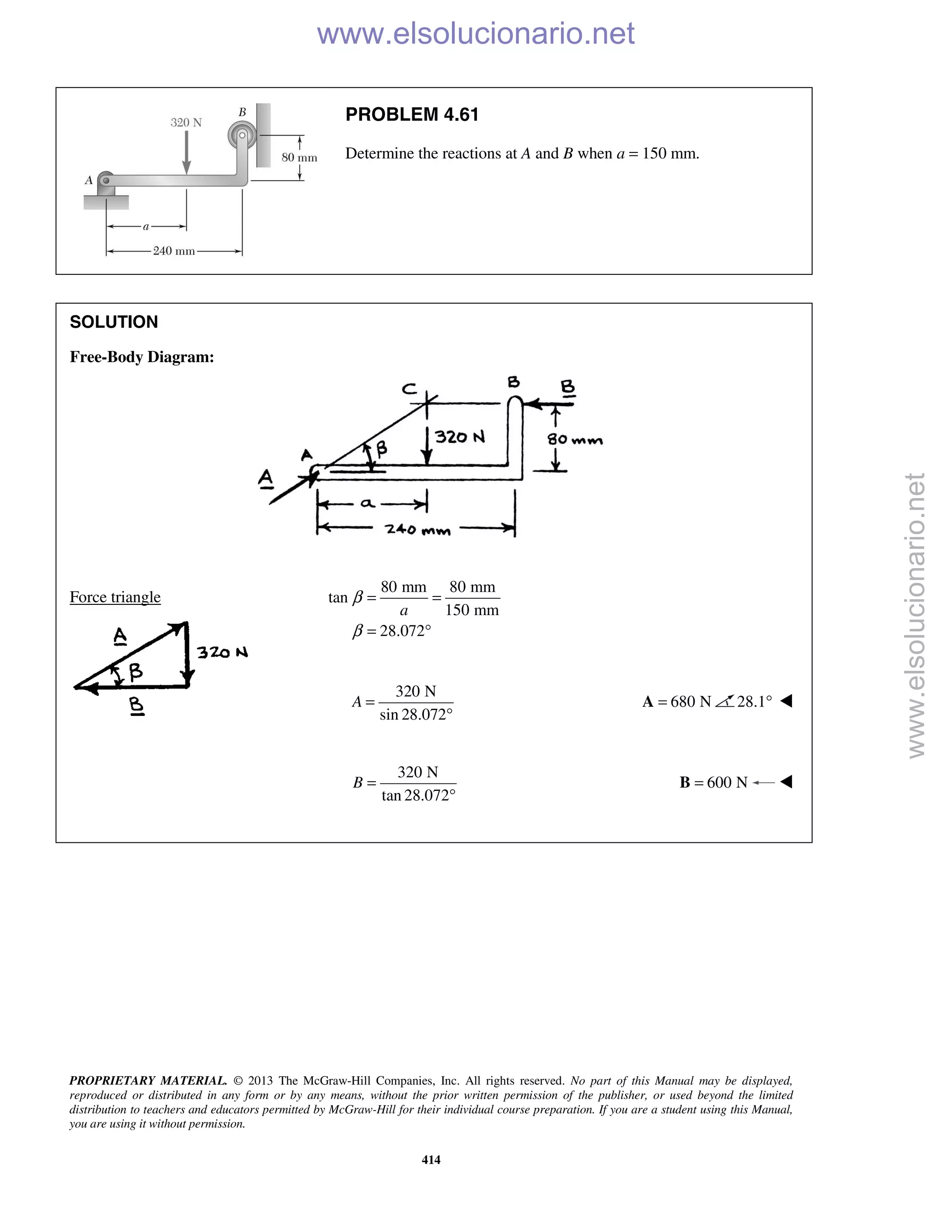 PROPRIETARY MATERIAL. © 2013 The McGraw-Hill Companies, Inc. All rights reserved. No part of this Manual may be displayed,
reproduced or distributed in any form or by any means, without the prior written permission of the publisher, or used beyond the limited
distribution to teachers and educators permitted by McGraw-Hill for their individual course preparation. If you are a student using this Manual,
you are using it without permission.
414
PROBLEM 4.61
Determine the reactions at A and B when a = 150 mm.
SOLUTION
Free-Body Diagram:
Force triangle
80 mm 80 mm
tan
150 mm
28.072
a
β
β
= =
= °
320 N
sin 28.072
A =
°
680 N=A 28.1° 
320 N
tan 28.072
B =
°
600 N=B 

www.elsolucionario.net
www.elsolucionario.net
 