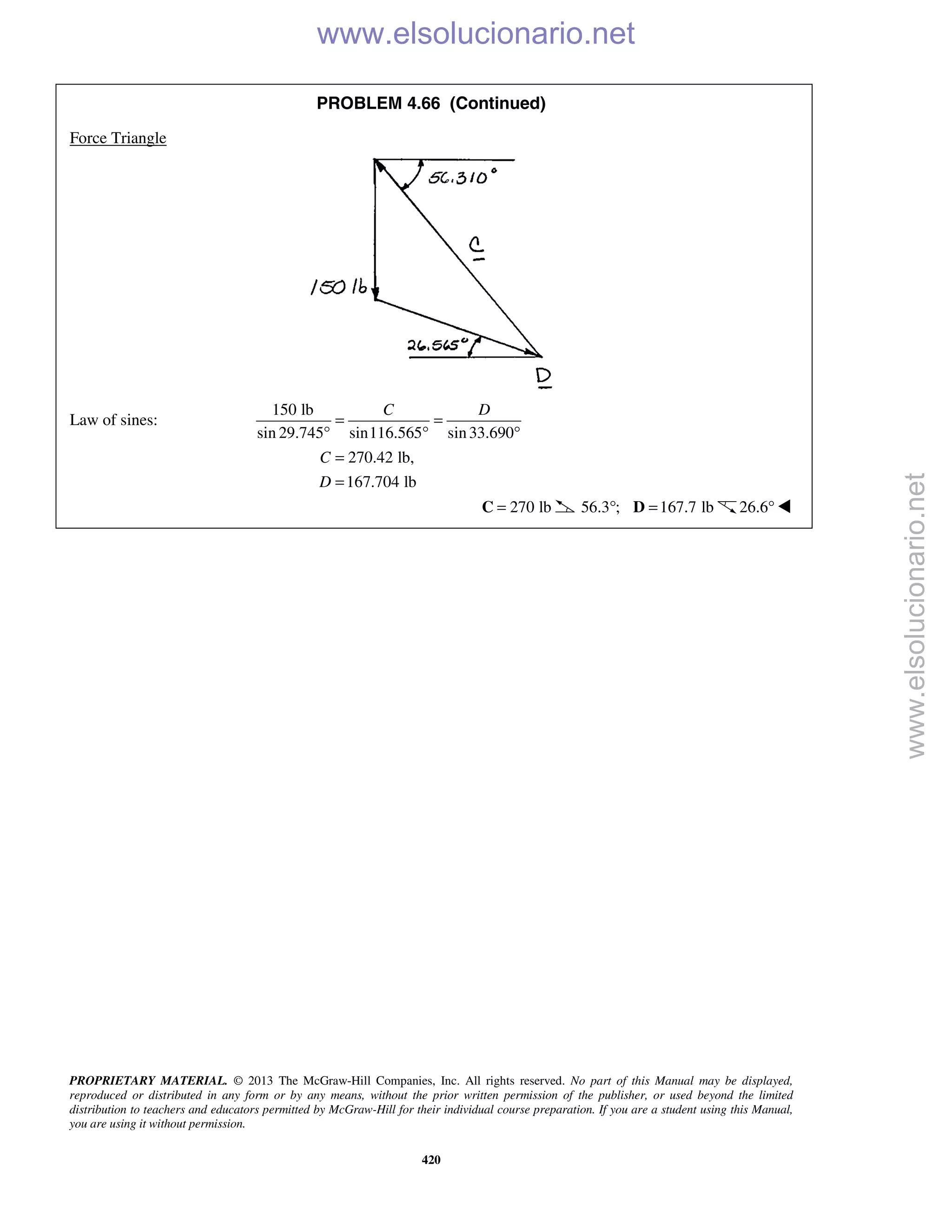 PROPRIETARY MATERIAL. © 2013 The McGraw-Hill Companies, Inc. All rights reserved. No part of this Manual may be displayed,
reproduced or distributed in any form or by any means, without the prior written permission of the publisher, or used beyond the limited
distribution to teachers and educators permitted by McGraw-Hill for their individual course preparation. If you are a student using this Manual,
you are using it without permission.
420
PROBLEM 4.66 (Continued)
Force Triangle
Law of sines:
150 lb
sin 29.745 sin116.565 sin33.690
C D
= =
° ° °
270.42 lb,
167.704 lb
C
D
=
=
270 lb=C 56.3 ;° 167.7 lb=D 26.6°
www.elsolucionario.net
www.elsolucionario.net
 