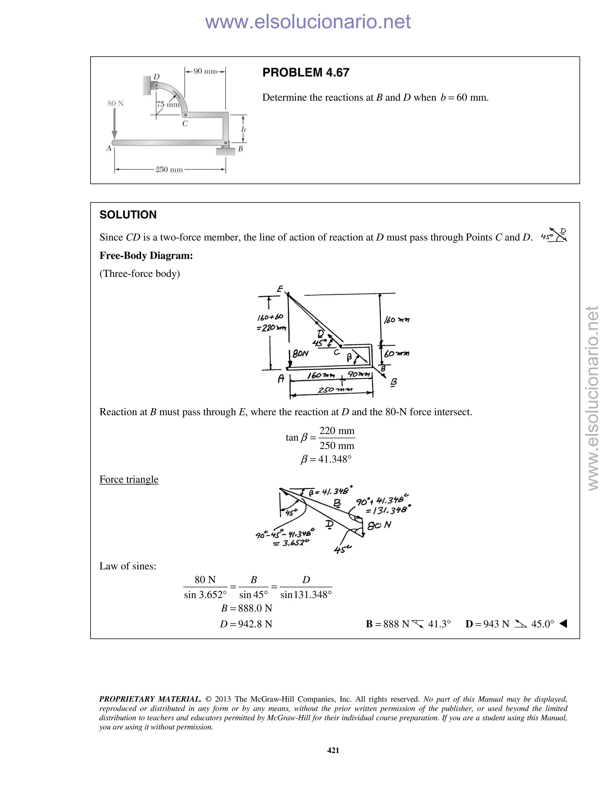 PROPRIETARY MATERIAL. © 2013 The McGraw-Hill Companies, Inc. All rights reserved. No part of this Manual may be displayed,
reproduced or distributed in any form or by any means, without the prior written permission of the publisher, or used beyond the limited
distribution to teachers and educators permitted by McGraw-Hill for their individual course preparation. If you are a student using this Manual,
you are using it without permission.
421
PROBLEM 4.67
Determine the reactions at B and D when 60 mm.b =
SOLUTION
Since CD is a two-force member, the line of action of reaction at D must pass through Points C and D.
Free-Body Diagram:
(Three-force body)
Reaction at B must pass through E, where the reaction at D and the 80-N force intersect.
220 mm
tan
250 mm
41.348
β
β
=
= °
Force triangle
Law of sines:
80 N
sin 3.652° sin 45 sin131.348
888.0 N
942.8 N
B D
B
D
= =
° °
=
=  888 N=B 41.3° 943 N=D 45.0° 
www.elsolucionario.net
www.elsolucionario.net
 