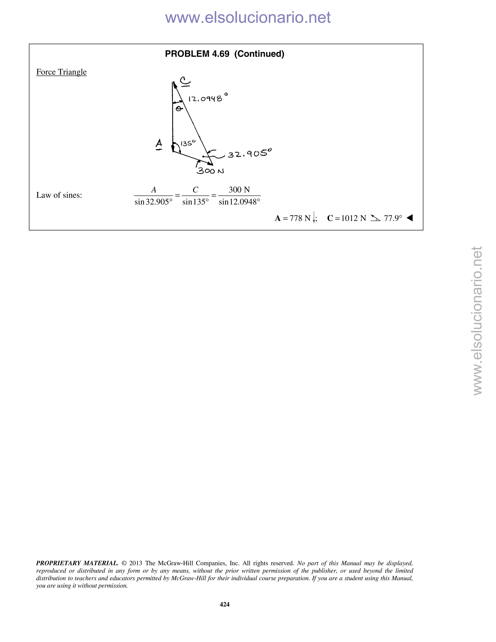 PROPRIETARY MATERIAL. © 2013 The McGraw-Hill Companies, Inc. All rights reserved. No part of this Manual may be displayed,
reproduced or distributed in any form or by any means, without the prior written permission of the publisher, or used beyond the limited
distribution to teachers and educators permitted by McGraw-Hill for their individual course preparation. If you are a student using this Manual,
you are using it without permission.
424
PROBLEM 4.69 (Continued)
Force Triangle
Law of sines:
300 N
sin32.905 sin135 sin12.0948
A C
= =
° ° °
778 N=A ; 1012 N=C 77.9° 
www.elsolucionario.net
www.elsolucionario.net
 
