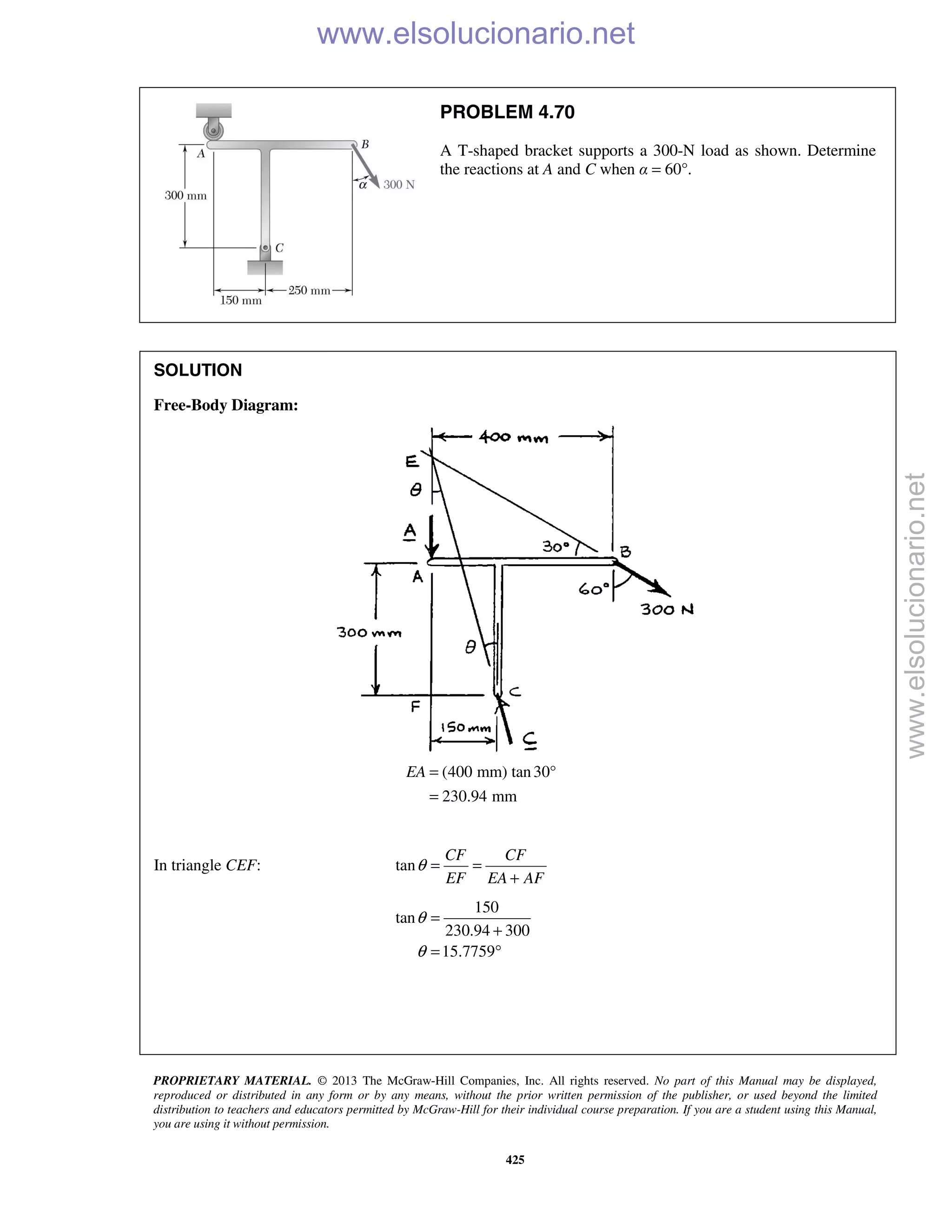 PROPRIETARY MATERIAL. © 2013 The McGraw-Hill Companies, Inc. All rights reserved. No part of this Manual may be displayed,
reproduced or distributed in any form or by any means, without the prior written permission of the publisher, or used beyond the limited
distribution to teachers and educators permitted by McGraw-Hill for their individual course preparation. If you are a student using this Manual,
you are using it without permission.
425
PROBLEM 4.70
A T-shaped bracket supports a 300-N load as shown. Determine
the reactions at A and C when α = 60°.
SOLUTION
Free-Body Diagram:
(400 mm) tan30°
230.94 mm
EA =
=
In triangle CEF: tan
CF CF
EF EA AF
θ = =
+
150
tan
230.94 300
15.7759
θ
θ
=
+
= °
www.elsolucionario.net
www.elsolucionario.net
 
