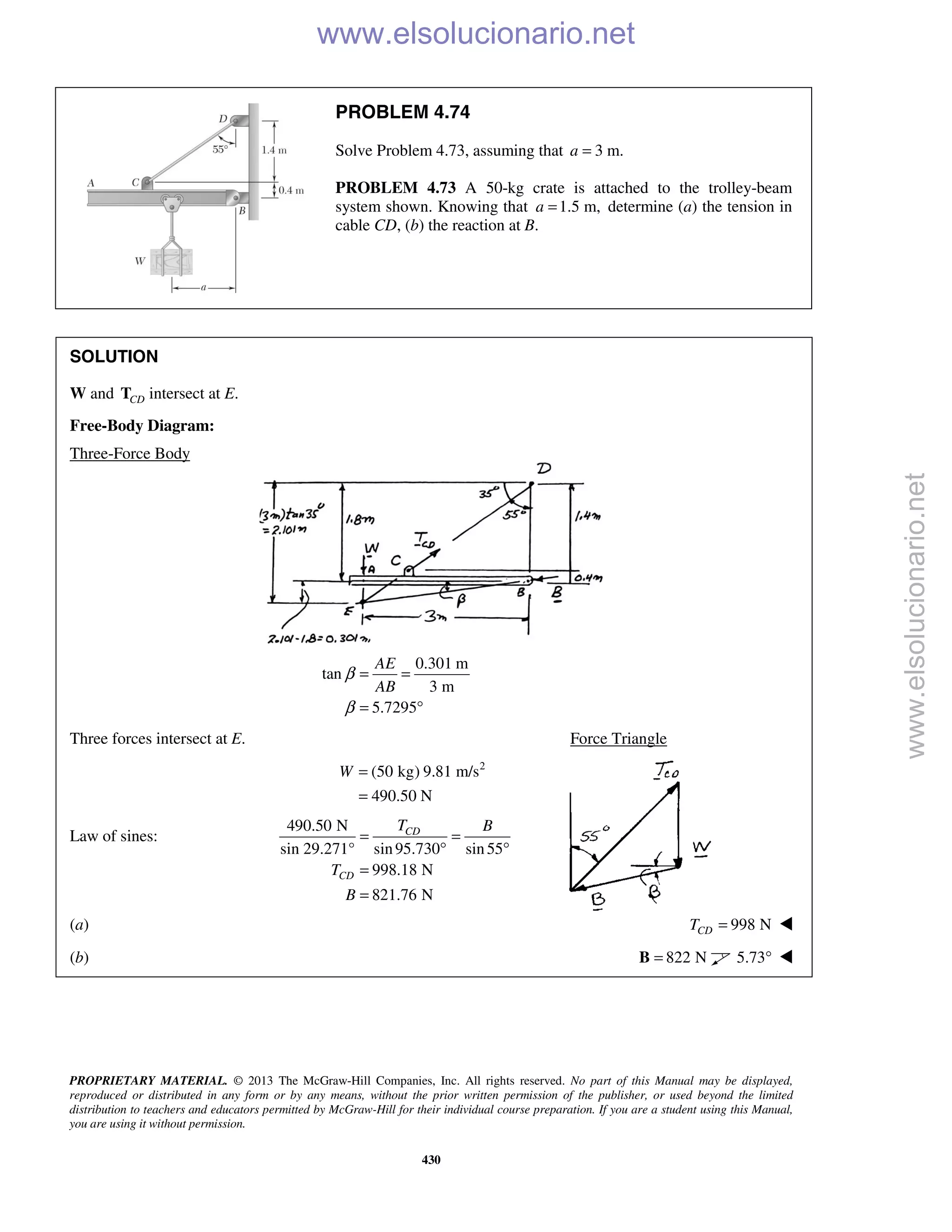 PROPRIETARY MATERIAL. © 2013 The McGraw-Hill Companies, Inc. All rights reserved. No part of this Manual may be displayed,
reproduced or distributed in any form or by any means, without the prior written permission of the publisher, or used beyond the limited
distribution to teachers and educators permitted by McGraw-Hill for their individual course preparation. If you are a student using this Manual,
you are using it without permission.
430
PROBLEM 4.74
Solve Problem 4.73, assuming that 3 m.a =
PROBLEM 4.73 A 50-kg crate is attached to the trolley-beam
system shown. Knowing that 1.5 m,a = determine (a) the tension in
cable CD, (b) the reaction at B.
SOLUTION
W and CDT intersect at E.
Free-Body Diagram:
Three-Force Body
0.301 m
tan
3 m
5.7295
AE
AB
β
β
= =
= °
Three forces intersect at E. Force Triangle
2
(50 kg) 9.81 m/s
490.50 N
W =
=
Law of sines:
490.50 N
sin 29.271° sin95.730 sin55
998.18 N
821.76 N
CD
CD
T B
T
B
= =
° °
=
=
(a) 998 NCDT = 
(b) 822 N=B 5.73° 
www.elsolucionario.net
www.elsolucionario.net
 