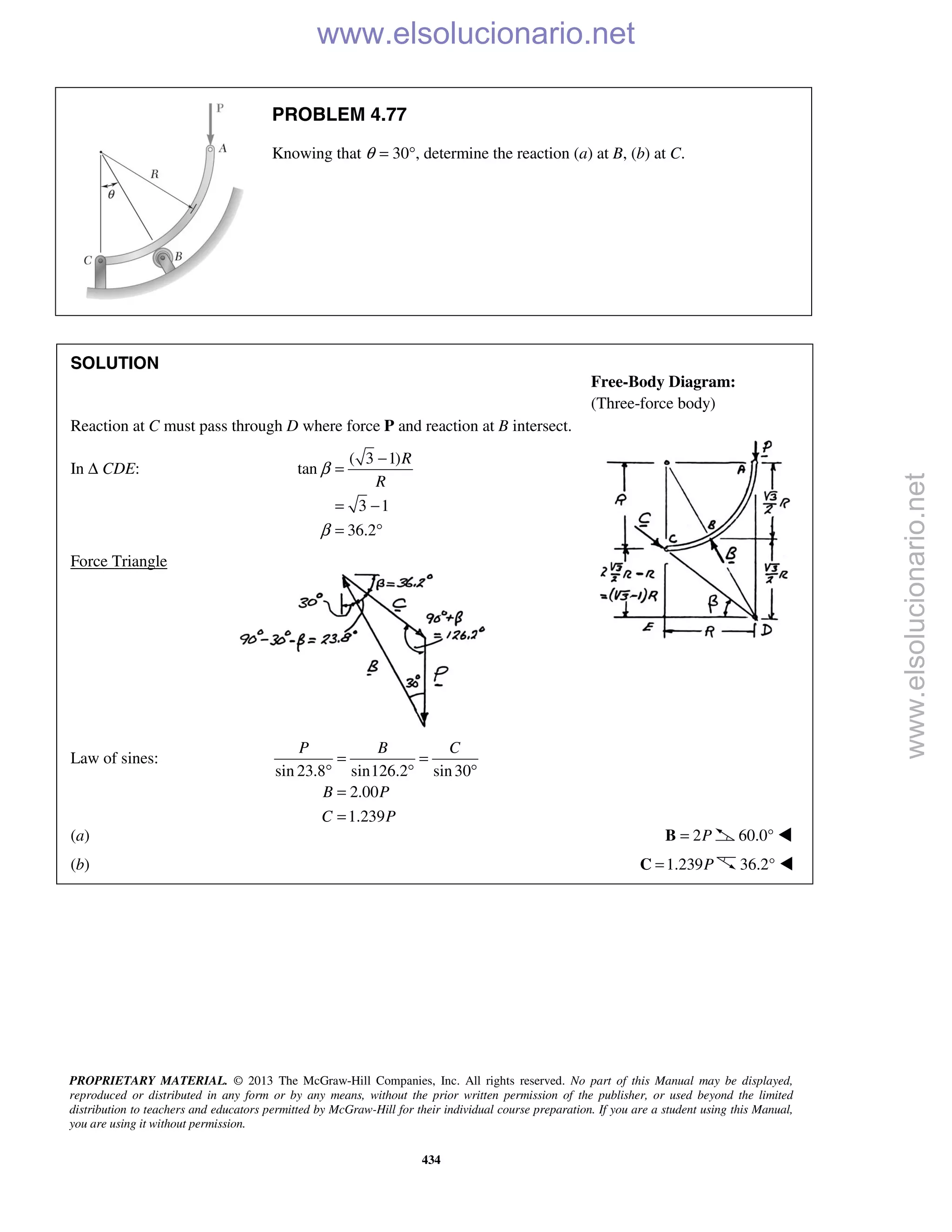 PROPRIETARY MATERIAL. © 2013 The McGraw-Hill Companies, Inc. All rights reserved. No part of this Manual may be displayed,
reproduced or distributed in any form or by any means, without the prior written permission of the publisher, or used beyond the limited
distribution to teachers and educators permitted by McGraw-Hill for their individual course preparation. If you are a student using this Manual,
you are using it without permission.
434
PROBLEM 4.77
Knowing that θ = 30°, determine the reaction (a) at B, (b) at C.
SOLUTION
Reaction at C must pass through D where force P and reaction at B intersect.
In Δ CDE:
( 3 1)
tan
3 1
36.2
R
R
β
β
−
=
= −
= °
Force Triangle
Law of sines:
sin 23.8 sin126.2 sin30
2.00
1.239
P B C
B P
C P
= =
° ° °
=
=
(a) 2P=B 60.0° 
(b) 1.239P=C 36.2° 
Free-Body Diagram:
(Three-force body)
www.elsolucionario.net
www.elsolucionario.net
 