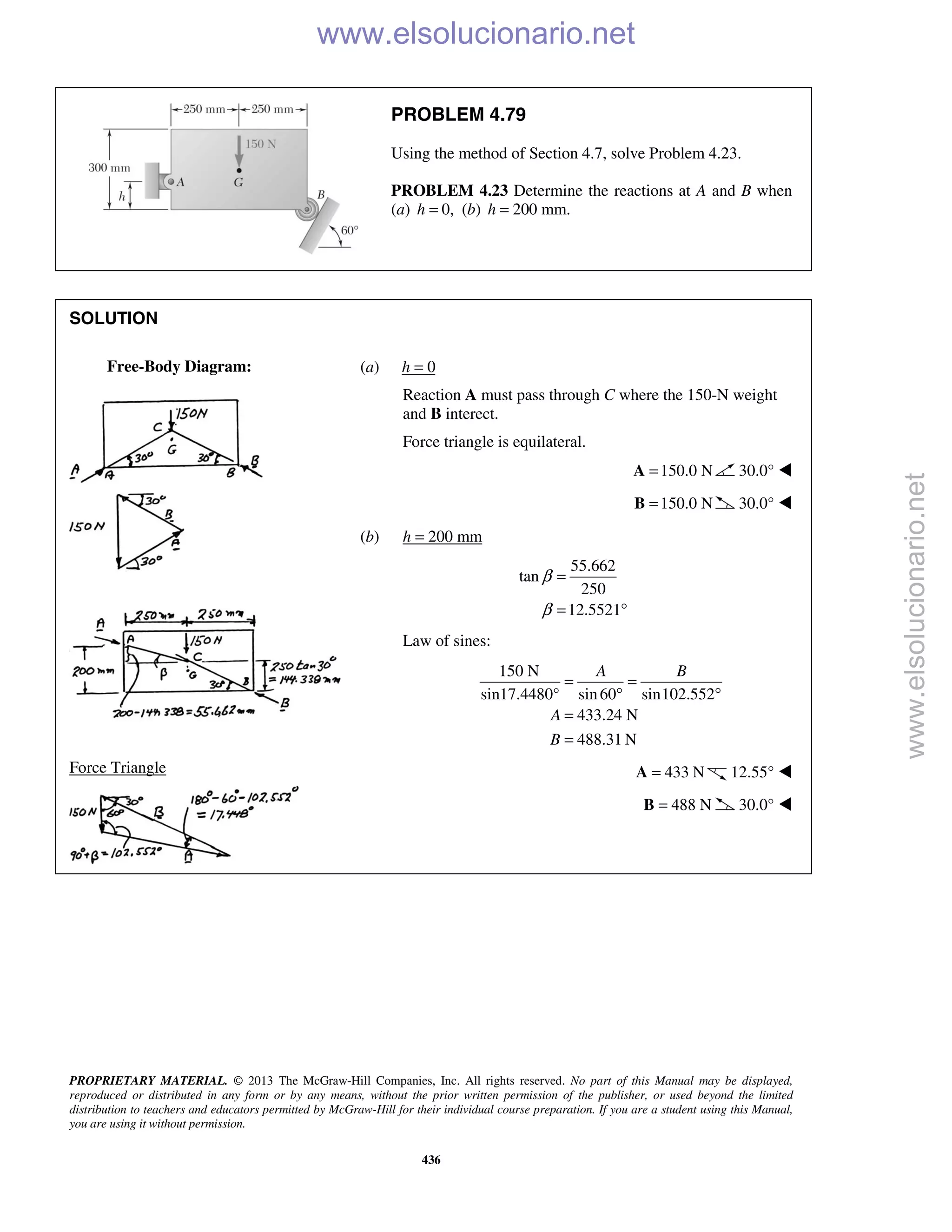 PROPRIETARY MATERIAL. © 2013 The McGraw-Hill Companies, Inc. All rights reserved. No part of this Manual may be displayed,
reproduced or distributed in any form or by any means, without the prior written permission of the publisher, or used beyond the limited
distribution to teachers and educators permitted by McGraw-Hill for their individual course preparation. If you are a student using this Manual,
you are using it without permission.
436
PROBLEM 4.79
Using the method of Section 4.7, solve Problem 4.23.
PROBLEM 4.23 Determine the reactions at A and B when
(a) 0,h = (b) 200 mm.h =
SOLUTION






Force Triangle

(a) h = 0
Reaction A must pass through C where the 150-N weight
and B interect.
Force triangle is equilateral.
150.0 N=A 30.0° 
150.0 N=B 30.0° 
(b) h = 200 mm
55.662
tan
250
12.5521
β
β
=
= °
Law of sines:
150 N
sin17.4480° sin60 sin102.552
433.24 N
488.31 N
A B
A
B
= =
° °
=
=
433 N=A 12.55° 
488 N=B 30.0° 
Free-Body Diagram:
www.elsolucionario.net
www.elsolucionario.net
 