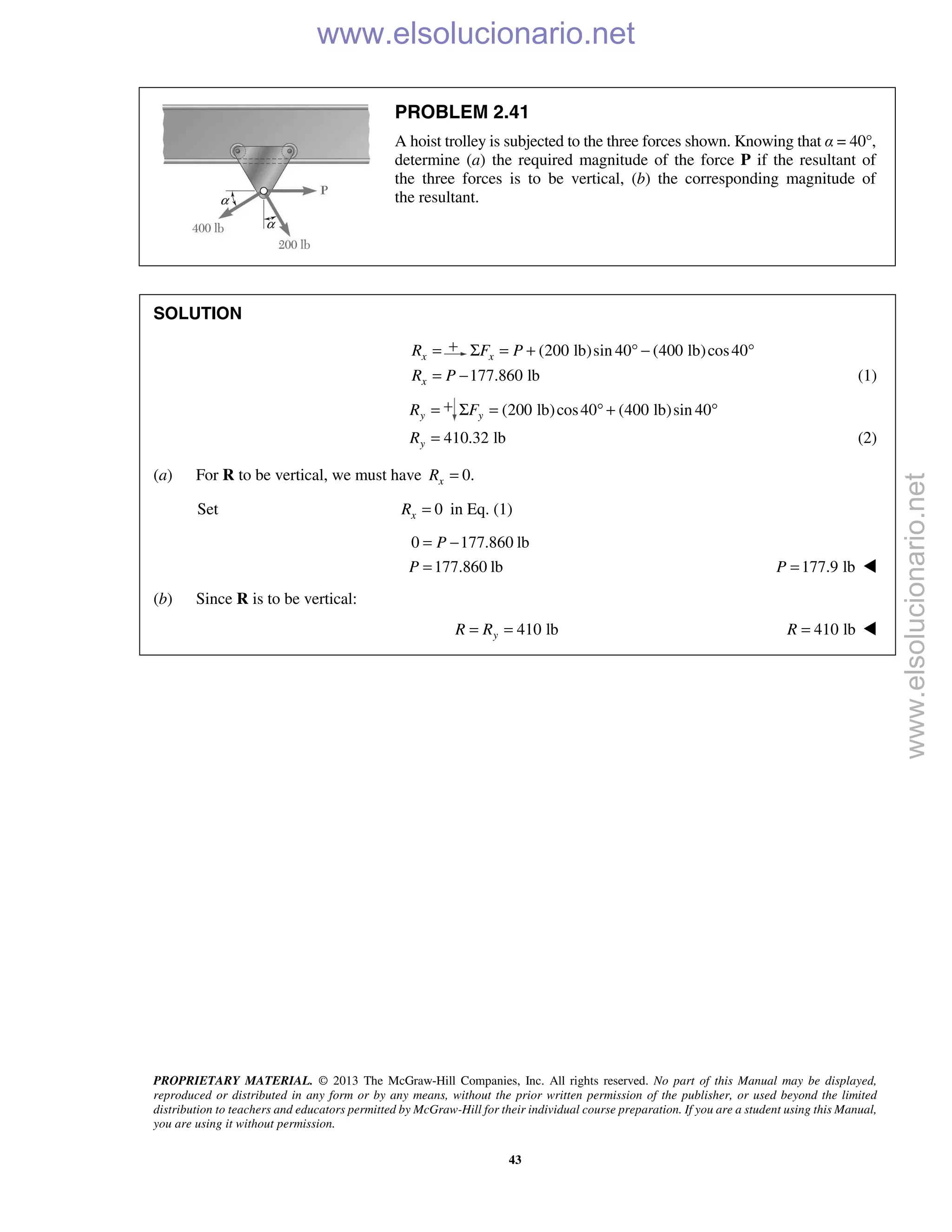 PROPRIETARY MATERIAL. © 2013 The McGraw-Hill Companies, Inc. All rights reserved. No part of this Manual may be displayed,
reproduced or distributed in any form or by any means, without the prior written permission of the publisher, or used beyond the limited
distribution to teachers and educators permitted by McGraw-Hill for their individual course preparation. If you are a student using this Manual,
you are using it without permission.
43
PROBLEM 2.41
A hoist trolley is subjected to the three forces shown. Knowing that α = 40°,
determine (a) the required magnitude of the force P if the resultant of
the three forces is to be vertical, (b) the corresponding magnitude of
the resultant.
SOLUTION
xR = (200 lb)sin 40 (400 lb)cos40xF PΣ = + ° − °
177.860 lbxR P= − (1)
yR = (200 lb)cos40 (400 lb)sin 40yFΣ = ° + °
410.32 lbyR = (2)
(a) For R to be vertical, we must have 0.xR =
Set 0xR = in Eq. (1)
0 177.860 lb
177.860 lb
P
P
= −
= 177.9 lbP = 
(b) Since R is to be vertical:
410 lb= =yR R 410 lbR = 
www.elsolucionario.net
www.elsolucionario.net
 