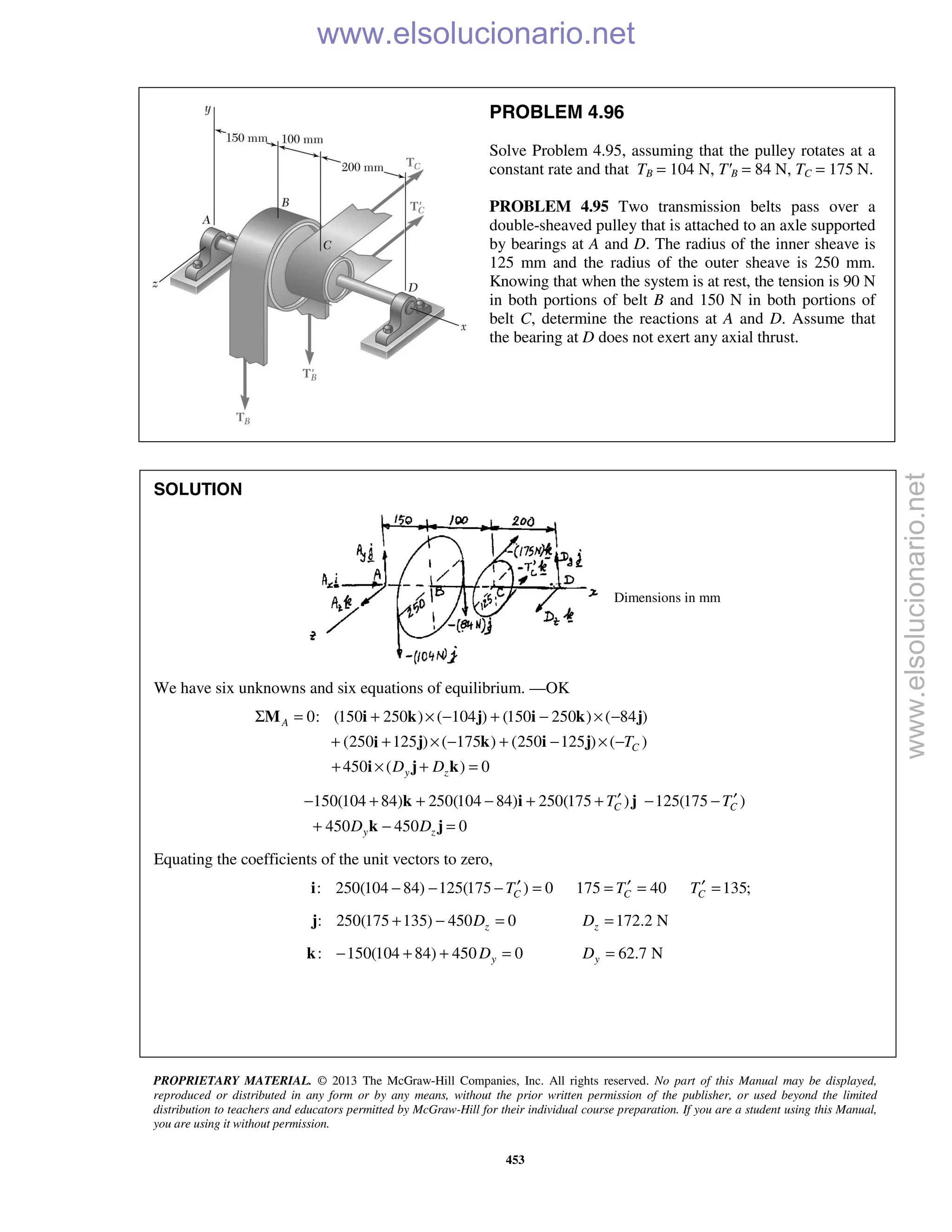 PROPRIETARY MATERIAL. © 2013 The McGraw-Hill Companies, Inc. All rights reserved. No part of this Manual may be displayed,
reproduced or distributed in any form or by any means, without the prior written permission of the publisher, or used beyond the limited
distribution to teachers and educators permitted by McGraw-Hill for their individual course preparation. If you are a student using this Manual,
you are using it without permission.
453
PROBLEM 4.96
Solve Problem 4.95, assuming that the pulley rotates at a
constant rate and that TB = 104 N, T′B = 84 N, TC = 175 N.
PROBLEM 4.95 Two transmission belts pass over a
double-sheaved pulley that is attached to an axle supported
by bearings at A and D. The radius of the inner sheave is
125 mm and the radius of the outer sheave is 250 mm.
Knowing that when the system is at rest, the tension is 90 N
in both portions of belt B and 150 N in both portions of
belt C, determine the reactions at A and D. Assume that
the bearing at D does not exert any axial thrust.
SOLUTION
Dimensions in mm
We have six unknowns and six equations of equilibrium. —OK
0: (150 250 ) ( 104 ) (150 250 ) ( 84 )
(250 125 ) ( 175 ) (250 125 ) ( )
450 ( ) 0
A
C
y z
T
D D
Σ = + × − + − × −
+ + × − + − × −
+ × + =
M i k j i k j
j k i ji
i j k
150(104 84) 250(104 84) 250(175 ) 125(175 )
450 450 0
C C
y z
T T
D D
′ ′− + + − + + − −
+ − =
k i j
k j
Equating the coefficients of the unit vectors to zero,
: 250(104 84) 125(175 ) 0 175 40 135;C C CT T T′ ′ ′− − − = = = =i
: 250(175 135) 450 0zD+ − =j 172.2 NzD =
: 150(104 84) 450 0yD− + + =k 62.7 NyD =
www.elsolucionario.net
www.elsolucionario.net
 