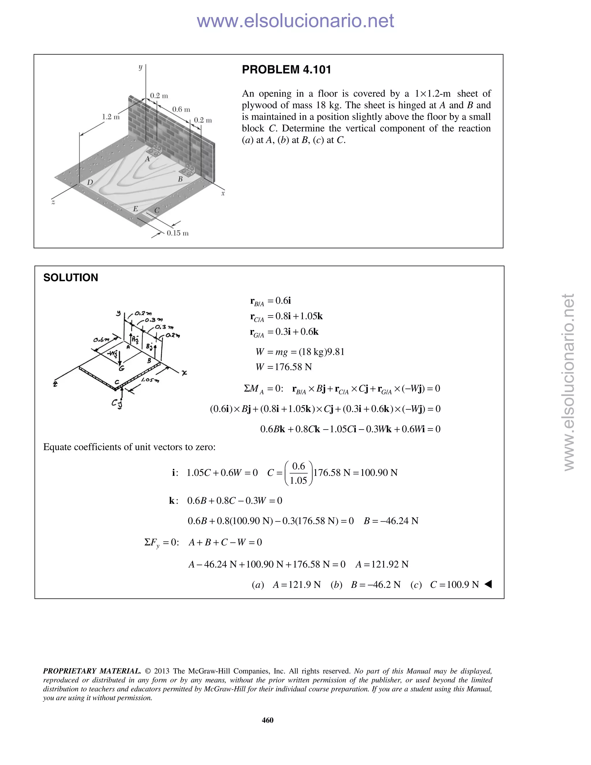 PROPRIETARY MATERIAL. © 2013 The McGraw-Hill Companies, Inc. All rights reserved. No part of this Manual may be displayed,
reproduced or distributed in any form or by any means, without the prior written permission of the publisher, or used beyond the limited
distribution to teachers and educators permitted by McGraw-Hill for their individual course preparation. If you are a student using this Manual,
you are using it without permission.
460
PROBLEM 4.101
An opening in a floor is covered by a 1 1.2-m× sheet of
plywood of mass 18 kg. The sheet is hinged at A and B and
is maintained in a position slightly above the floor by a small
block C. Determine the vertical component of the reaction
(a) at A, (b) at B, (c) at C.
SOLUTION
/
/
/
0.6
0.8 1.05
0.3 0.6
B A
C A
G A
=
= +
= +
r i
r i k
r i k
(18 kg)9.81
176.58 N
W mg
W
= =
=
/ / /0: ( ) 0A B A C A G AM B C WΣ = × + × + × − =r j r j r j
(0.6 ) (0.8 1.05 ) (0.3 0.6 ) ( ) 0B C W× + + × + + × − =i j i k j i k j
0.6 0.8 1.05 0.3 0.6 0B C C W W+ − − + =k k i k i
Equate coefficients of unit vectors to zero:
0.6
: 1.05 0.6 0 176.58 N 100.90 N
1.05
C W C
 
+ = = = 
 
i
: 0.6 0.8 0.3 0B C W+ − =k
0.6 0.8(100.90 N) 0.3(176.58 N) 0 46.24 NB B+ − = = −
0: 0yF A B C WΣ = + + − =
46.24 N 100.90 N 176.58 N 0 121.92 NA A− + + = =
( ) 121.9 N ( ) 46.2 N ( ) 100.9 Na A b B c C= = − = 
www.elsolucionario.net
www.elsolucionario.net
 