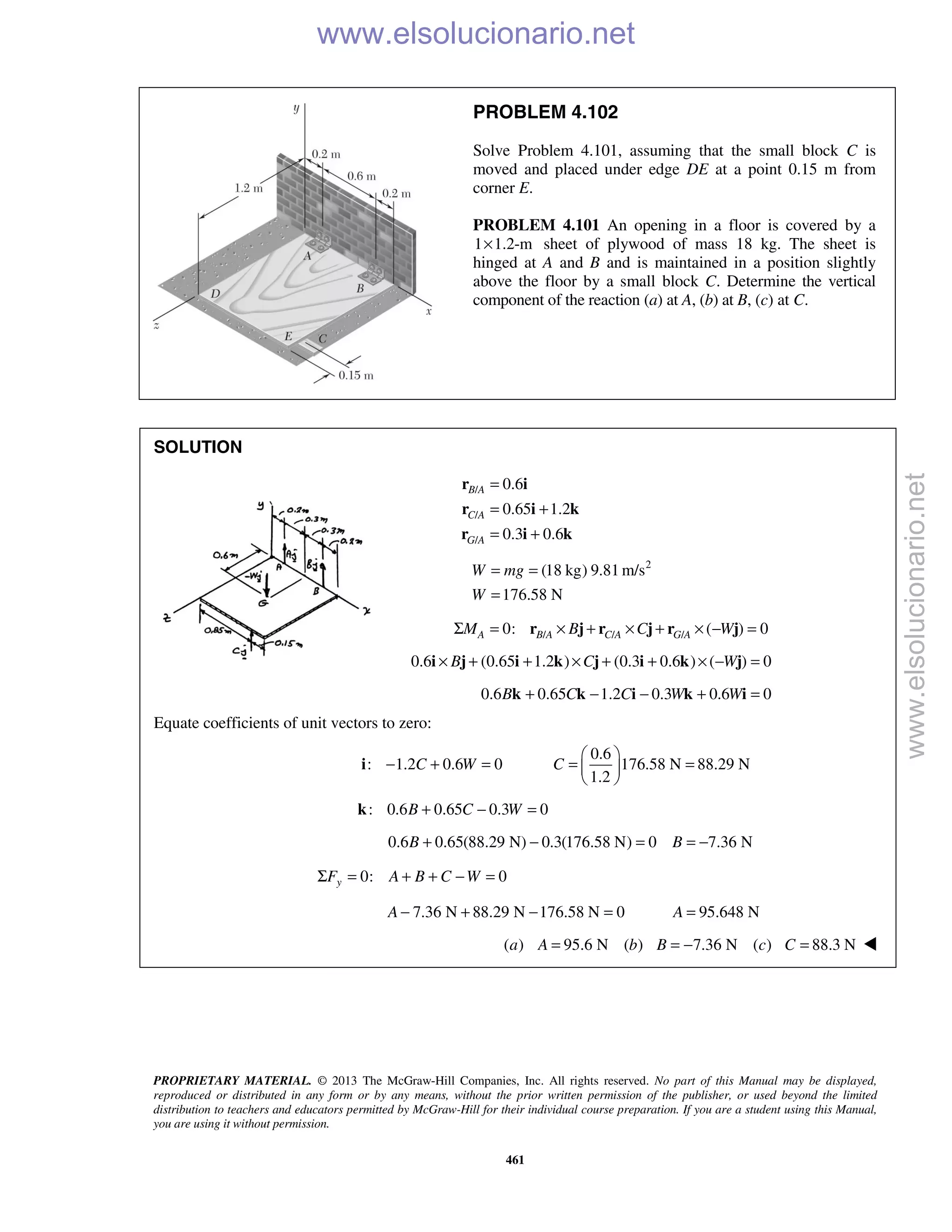 PROPRIETARY MATERIAL. © 2013 The McGraw-Hill Companies, Inc. All rights reserved. No part of this Manual may be displayed,
reproduced or distributed in any form or by any means, without the prior written permission of the publisher, or used beyond the limited
distribution to teachers and educators permitted by McGraw-Hill for their individual course preparation. If you are a student using this Manual,
you are using it without permission.
461
PROBLEM 4.102
Solve Problem 4.101, assuming that the small block C is
moved and placed under edge DE at a point 0.15 m from
corner E.
PROBLEM 4.101 An opening in a floor is covered by a
1 1.2-m× sheet of plywood of mass 18 kg. The sheet is
hinged at A and B and is maintained in a position slightly
above the floor by a small block C. Determine the vertical
component of the reaction (a) at A, (b) at B, (c) at C.
SOLUTION
/
/
/
0.6
0.65 1.2
0.3 0.6
B A
C A
G A
=
= +
= +
r i
r i k
r i k
2
(18 kg) 9.81 m/s
176.58 N
W mg
W
= =
=
/ / /0: ( ) 0A B A C A G AM B C WΣ = × + × + × − =r j r j r j
0.6 (0.65 1.2 ) (0.3 0.6 ) ( ) 0B C W× + + × + + × − =i j i k j i k j
0.6 0.65 1.2 0.3 0.6 0B C C W W+ − − + =k k i k i
Equate coefficients of unit vectors to zero:
0.6
: 1.2 0.6 0 176.58 N 88.29 N
1.2
C W C
 
− + = = = 
 
i
: 0.6 0.65 0.3 0B C W+ − =k
0.6 0.65(88.29 N) 0.3(176.58 N) 0 7.36 NB B+ − = = −
0: 0yF A B C WΣ = + + − =
7.36 N 88.29 N 176.58 N 0 95.648 NA A− + − = =
( ) 95.6 N ( ) 7.36 N ( ) 88.3 Na A b B c C= = − = 
www.elsolucionario.net
www.elsolucionario.net
 