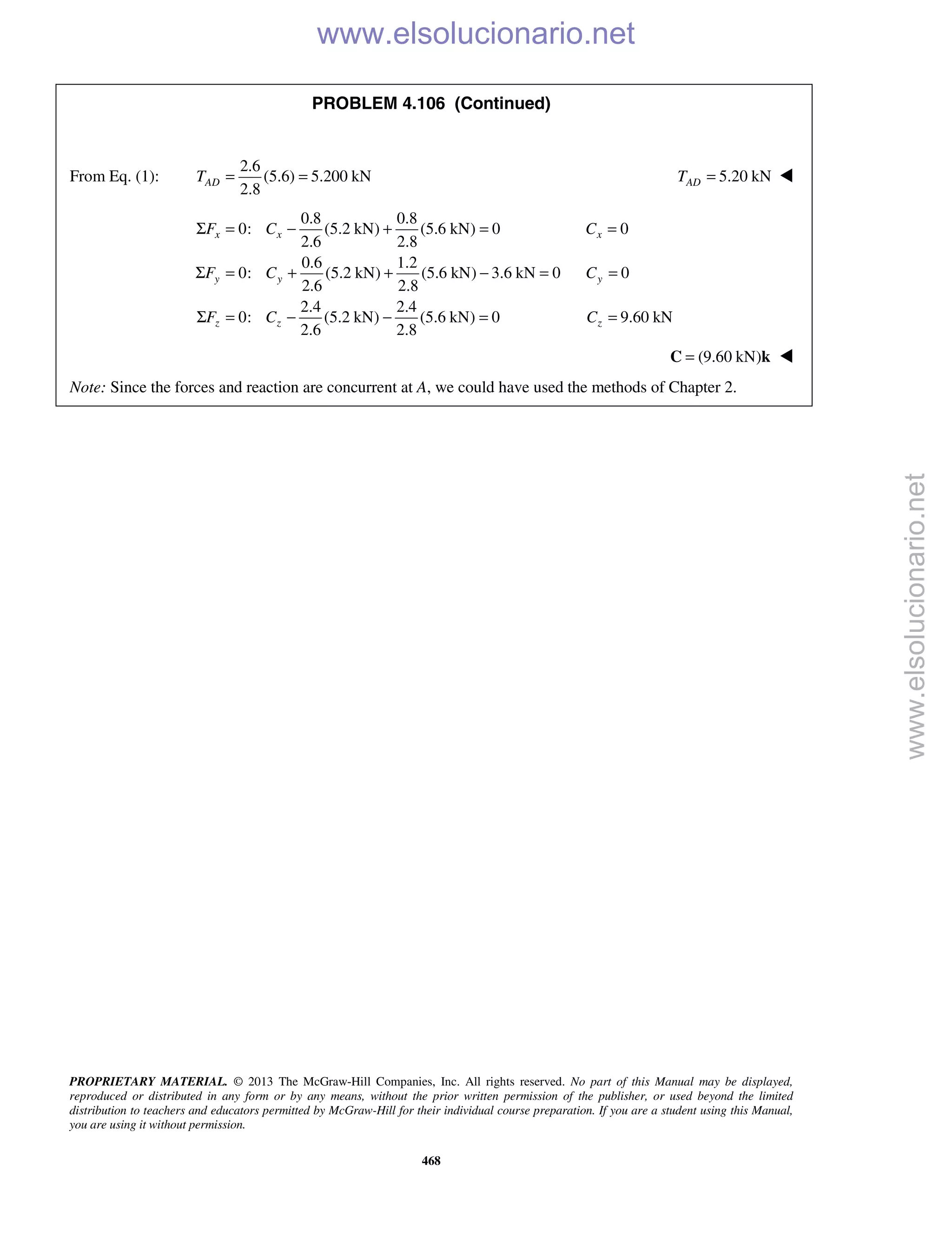 PROPRIETARY MATERIAL. © 2013 The McGraw-Hill Companies, Inc. All rights reserved. No part of this Manual may be displayed,
reproduced or distributed in any form or by any means, without the prior written permission of the publisher, or used beyond the limited
distribution to teachers and educators permitted by McGraw-Hill for their individual course preparation. If you are a student using this Manual,
you are using it without permission.
468
PROBLEM 4.106 (Continued)
From Eq. (1):
2.6
(5.6) 5.200 kN
2.8
ADT = = 5.20 kNADT = 
0.8 0.8
0: (5.2 kN) (5.6 kN) 0 0
2.6 2.8
0.6 1.2
0: (5.2 kN) (5.6 kN) 3.6 kN 0 0
2.6 2.8
2.4 2.4
0: (5.2 kN) (5.6 kN) 0 9.60 kN
2.6 2.8
x x x
y y y
z z z
F C C
F C C
F C C
Σ = − + = =
Σ = + + − = =
Σ = − − = =
(9.60 kN)=C k 
Note: Since the forces and reaction are concurrent at A, we could have used the methods of Chapter 2.
www.elsolucionario.net
www.elsolucionario.net
 