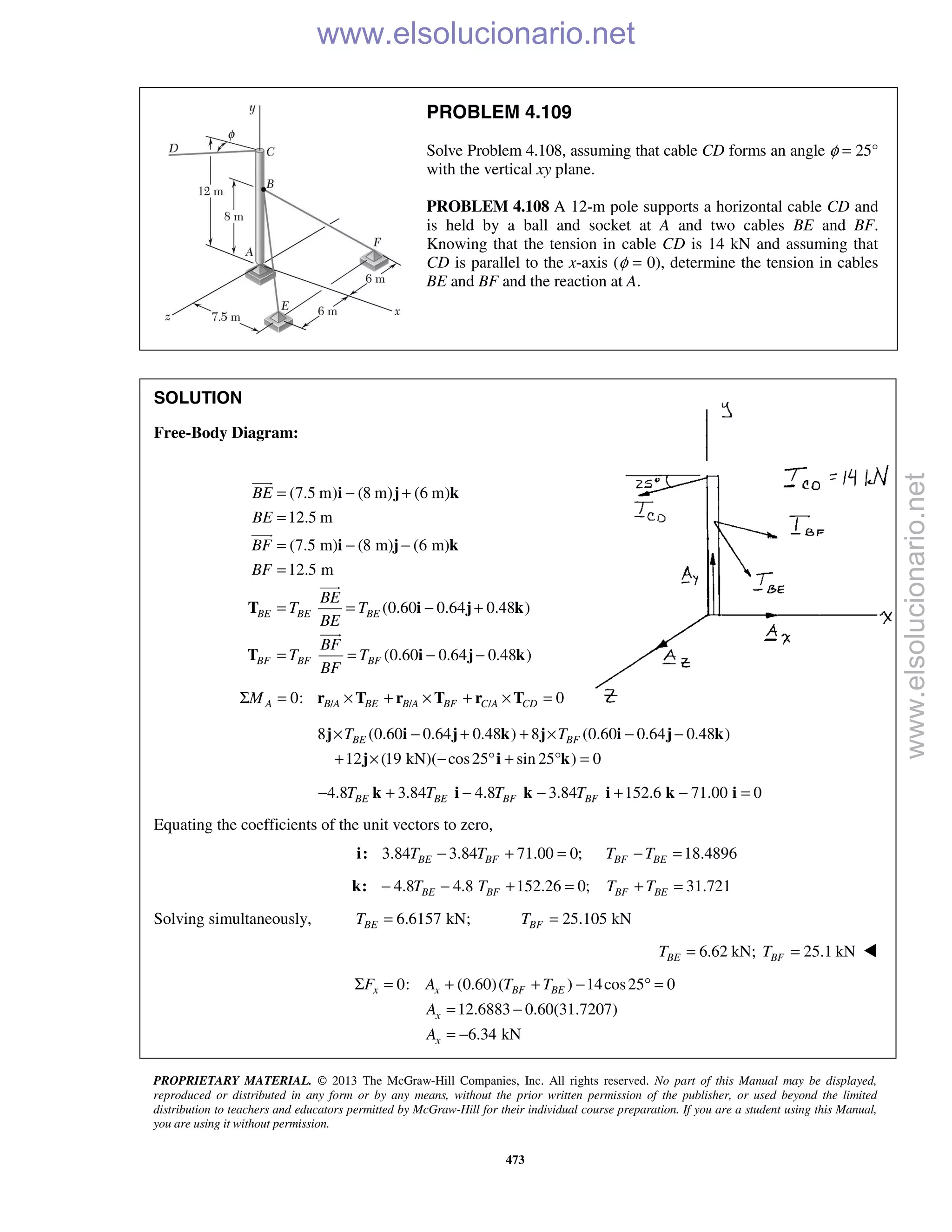 PROPRIETARY MATERIAL. © 2013 The McGraw-Hill Companies, Inc. All rights reserved. No part of this Manual may be displayed,
reproduced or distributed in any form or by any means, without the prior written permission of the publisher, or used beyond the limited
distribution to teachers and educators permitted by McGraw-Hill for their individual course preparation. If you are a student using this Manual,
you are using it without permission.
473
PROBLEM 4.109
Solve Problem 4.108, assuming that cable CD forms an angle φ = 25°
with the vertical xy plane.
PROBLEM 4.108 A 12-m pole supports a horizontal cable CD and
is held by a ball and socket at A and two cables BE and BF.
Knowing that the tension in cable CD is 14 kN and assuming that
CD is parallel to the x-axis (φ = 0), determine the tension in cables
BE and BF and the reaction at A.
SOLUTION
Free-Body Diagram:
(7.5 m) (8 m) (6 m)
12.5 m
(7.5 m) (8 m) (6 m)
12.5 m
(0.60 0.64 0.48 )
(0.60 0.64 0.48 )
BE BE BE
BF BF BF
BE
BE
BF
BF
BE
T T
BE
BF
T T
BF
= − +
=
= − −
=
= = − +
= = − −
i j k
i j k
T i j k
T i j k




/ / /0: 0A B A BE B A BF C A CDMΣ = × + × + × =r T r T r T
8 (0.60 0.64 0.48 ) 8 (0.60 0.64 0.48 )
12 (19 kN)( cos25 sin 25 ) 0
BE BFT T× − + + × − −
+ × − ° + ° =
j i j k j i j k
j i k
4.8 3.84 4.8 3.84 152.6 71.00 0BE BE BF BFT T T T− + − − + − =k i k i k i
Equating the coefficients of the unit vectors to zero,
3.84 3.84 71.00 0; 18.4896BE BF BF BET T T T− + = − =i:
4.8 4.8 152.26 0; 31.721BE BF BF BET T T T− − + = + =k:
Solving simultaneously, 6.6157 kN;BET = 25.105 kNBFT =
6.62 kN; 25.1 kNBE BFT T= = 
0: (0.60)( ) 14cos25 0
12.6883 0.60(31.7207)
6.34 kN
x x BF BE
x
x
F A T T
A
A
Σ = + + − ° =
= −
= −
www.elsolucionario.net
www.elsolucionario.net
 