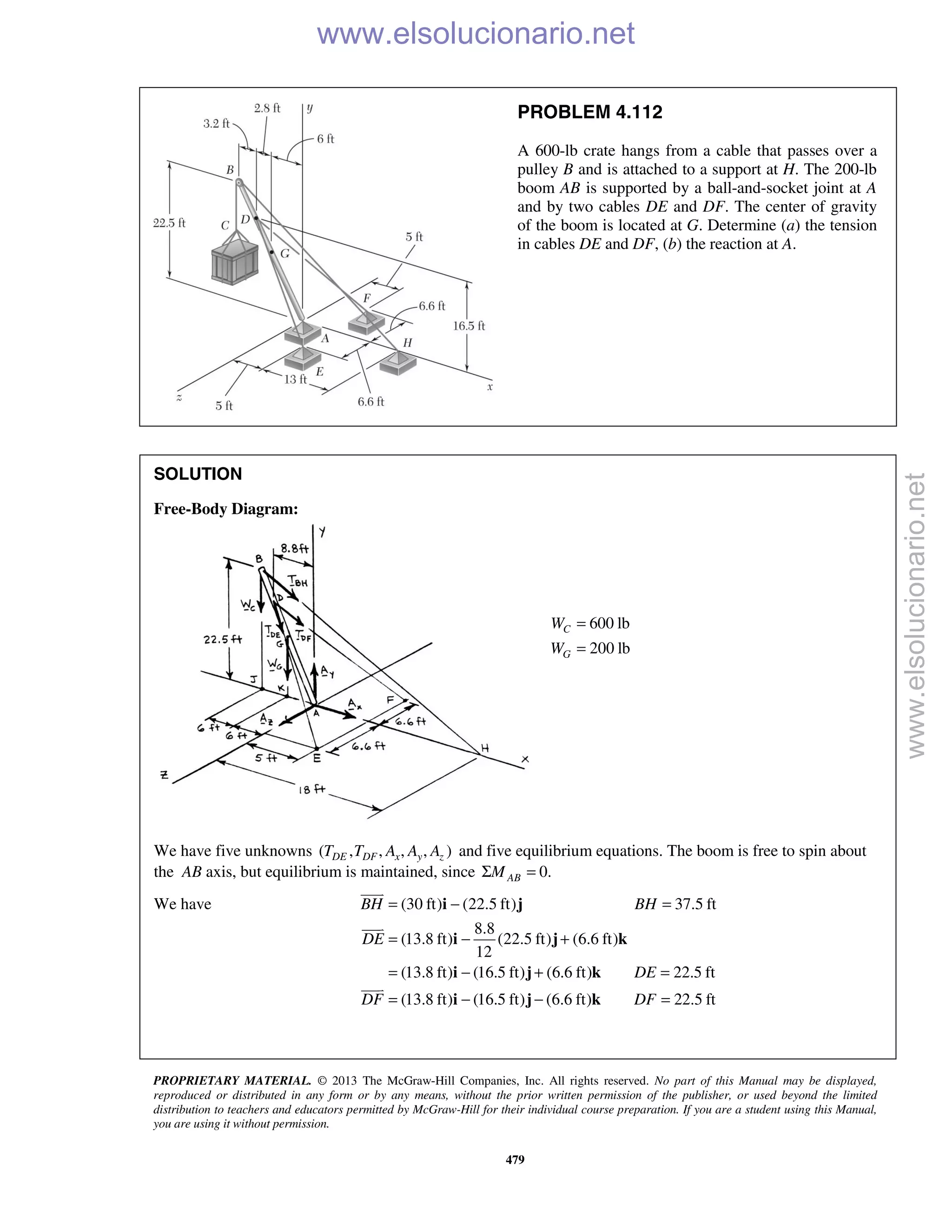 PROPRIETARY MATERIAL. © 2013 The McGraw-Hill Companies, Inc. All rights reserved. No part of this Manual may be displayed,
reproduced or distributed in any form or by any means, without the prior written permission of the publisher, or used beyond the limited
distribution to teachers and educators permitted by McGraw-Hill for their individual course preparation. If you are a student using this Manual,
you are using it without permission.
479
PROBLEM 4.112
A 600-lb crate hangs from a cable that passes over a
pulley B and is attached to a support at H. The 200-lb
boom AB is supported by a ball-and-socket joint at A
and by two cables DE and DF. The center of gravity
of the boom is located at G. Determine (a) the tension
in cables DE and DF, (b) the reaction at A.
SOLUTION
Free-Body Diagram:
600 lb
200 lb
C
G
W
W
=
=
We have five unknowns ( , , , , )DE DF x y zT T A A A and five equilibrium equations. The boom is free to spin about
the AB axis, but equilibrium is maintained, since 0.ABMΣ =
We have (30 ft) (22.5 ft) 37.5 ft
8.8
(13.8 ft) (22.5 ft) (6.6 ft)
12
(13.8 ft) (16.5 ft) (6.6 ft) 22.5 ft
(13.8 ft) (16.5 ft) (6.6 ft) 22.5 ft
BH BH
DE
DE
DF DF
= − =
= − +
= − + =
= − − =
i j
i j k
i j k
i j k



www.elsolucionario.net
www.elsolucionario.net
 