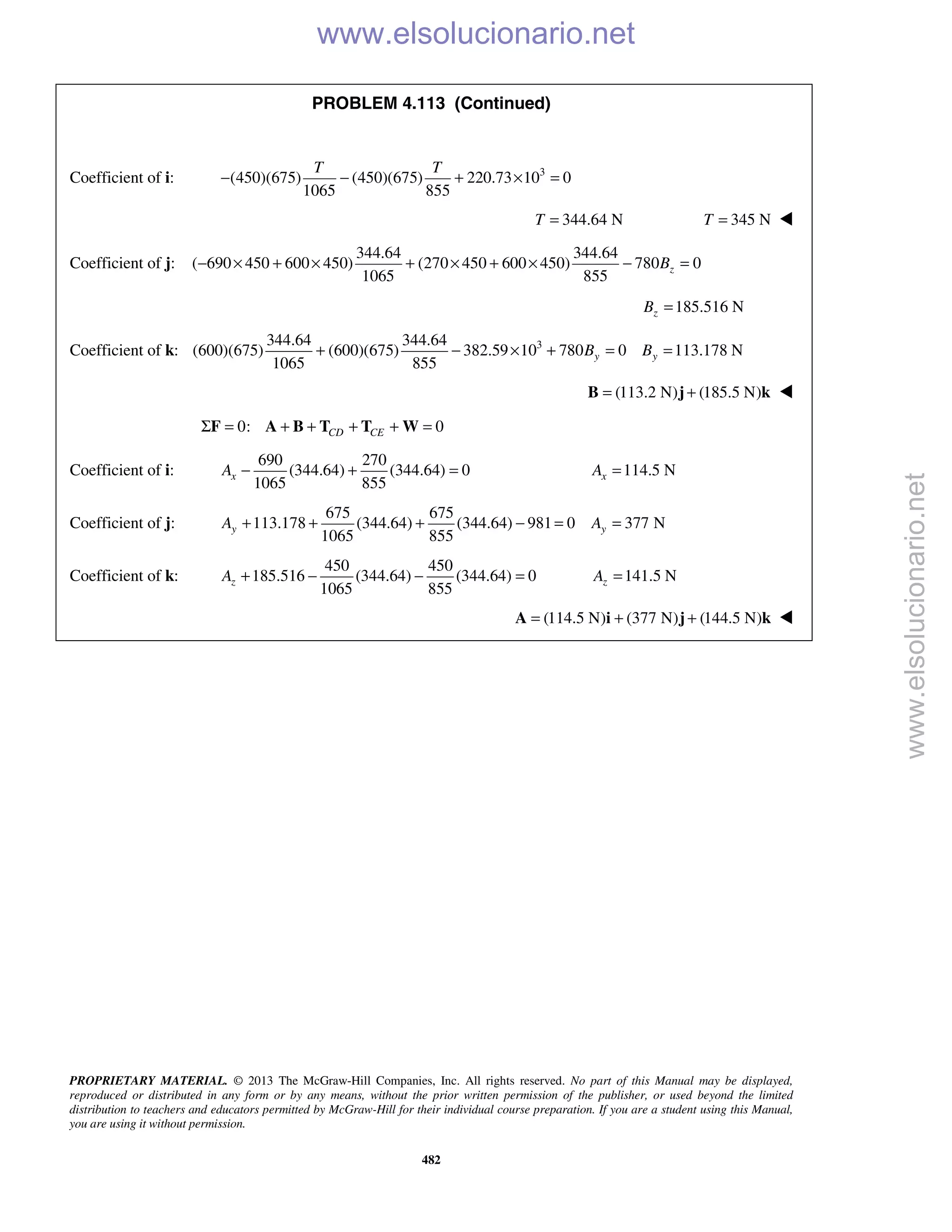 PROPRIETARY MATERIAL. © 2013 The McGraw-Hill Companies, Inc. All rights reserved. No part of this Manual may be displayed,
reproduced or distributed in any form or by any means, without the prior written permission of the publisher, or used beyond the limited
distribution to teachers and educators permitted by McGraw-Hill for their individual course preparation. If you are a student using this Manual,
you are using it without permission.
482
PROBLEM 4.113 (Continued)
Coefficient of i: 3
(450)(675) (450)(675) 220.73 10 0
1065 855
T T
− − + × =
344.64 NT = 345 NT = 
Coefficient of j:
344.64 344.64
( 690 450 600 450) (270 450 600 450) 780 0
1065 855
zB− × + × + × + × − =
185.516 NzB =
Coefficient of k: 3344.64 344.64
(600)(675) (600)(675) 382.59 10 780 0 113.178 N
1065 855
y yB B+ − × + = =
(113.2 N) (185.5 N)= +B j k 
0: 0CD CEΣ = + + + + =F A B T T W
Coefficient of i:
690 270
(344.64) (344.64) 0
1065 855
xA − + = 114.5 NxA =
Coefficient of j:
675 675
113.178 (344.64) (344.64) 981 0 377 N
1065 855
y yA A+ + + − = =
Coefficient of k:
450 450
185.516 (344.64) (344.64) 0
1065 855
zA + − − = 141.5 NzA =
(114.5 N) (377 N) (144.5 N)= + +A i j k 
www.elsolucionario.net
www.elsolucionario.net
 