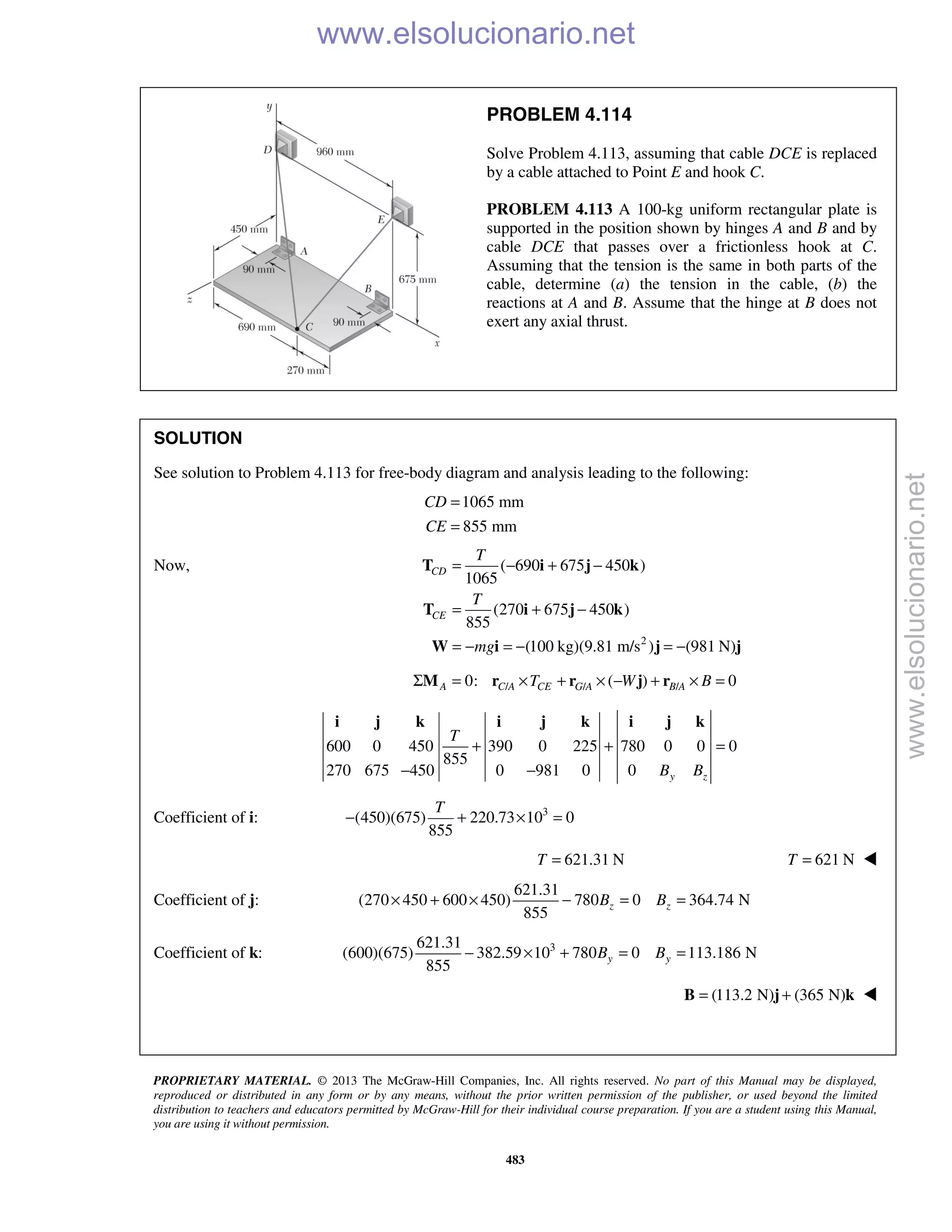 PROPRIETARY MATERIAL. © 2013 The McGraw-Hill Companies, Inc. All rights reserved. No part of this Manual may be displayed,
reproduced or distributed in any form or by any means, without the prior written permission of the publisher, or used beyond the limited
distribution to teachers and educators permitted by McGraw-Hill for their individual course preparation. If you are a student using this Manual,
you are using it without permission.
483
PROBLEM 4.114
Solve Problem 4.113, assuming that cable DCE is replaced
by a cable attached to Point E and hook C.
PROBLEM 4.113 A 100-kg uniform rectangular plate is
supported in the position shown by hinges A and B and by
cable DCE that passes over a frictionless hook at C.
Assuming that the tension is the same in both parts of the
cable, determine (a) the tension in the cable, (b) the
reactions at A and B. Assume that the hinge at B does not
exert any axial thrust.
SOLUTION
See solution to Problem 4.113 for free-body diagram and analysis leading to the following:
1065 mm
855 mm
CD
CE
=
=
Now,
2
( 690 675 450 )
1065
(270 675 450 )
855
(100 kg)(9.81 m/s ) (981 N)
CD
CE
T
T
mg
= − + −
= + −
= − = − = −
T i j k
T i j k
W i j j
/ / /0: ( ) 0A C A CE G A B AT W BΣ = × + × − + × =M r r j r
600 0 450 390 0 225 780 0 0 0
855
270 675 450 0 981 0 0 y z
T
B B
+ + =
− −
i j k i j k i j k
Coefficient of i: 3
(450)(675) 220.73 10 0
855
T
− + × =
621.31 NT = 621 NT = 
Coefficient of j:
621.31
(270 450 600 450) 780 0 364.74 N
855
z zB B× + × − = =
Coefficient of k: 3621.31
(600)(675) 382.59 10 780 0 113.186 N
855
y yB B− × + = =
(113.2 N) (365 N)= +B j k 
www.elsolucionario.net
www.elsolucionario.net
 