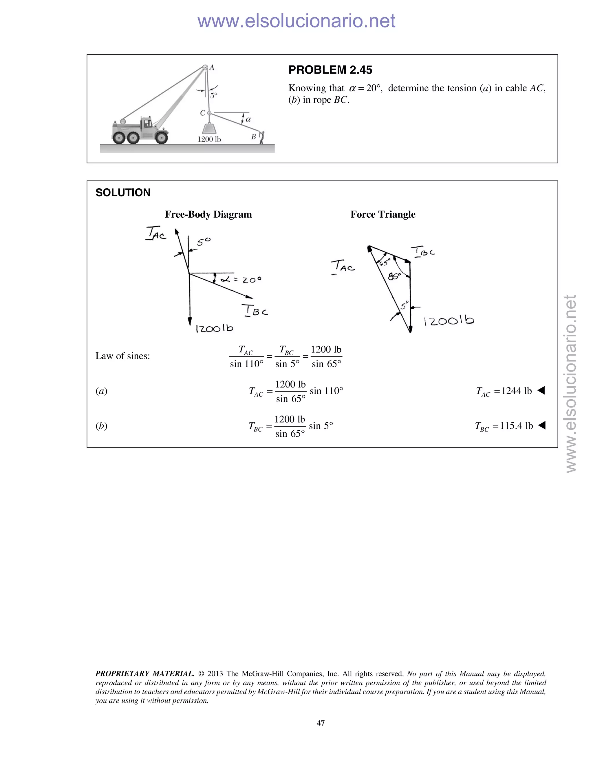 PROPRIETARY MATERIAL. © 2013 The McGraw-Hill Companies, Inc. All rights reserved. No part of this Manual may be displayed,
reproduced or distributed in any form or by any means, without the prior written permission of the publisher, or used beyond the limited
distribution to teachers and educators permitted by McGraw-Hill for their individual course preparation. If you are a student using this Manual,
you are using it without permission.
47
PROBLEM 2.45
Knowing that 20 ,α = ° determine the tension (a) in cable AC,
(b) in rope BC.
SOLUTION
Free-Body Diagram Force Triangle
Law of sines:
1200 lb
sin 110 sin 5 sin 65
AC BCT T
= =
° ° °
(a)
1200 lb
sin 110
sin 65
ACT = °
°
1244 lbACT = 
(b)
1200 lb
sin 5
sin 65
BCT = °
°
115.4 lbBCT = 
www.elsolucionario.net
www.elsolucionario.net
 