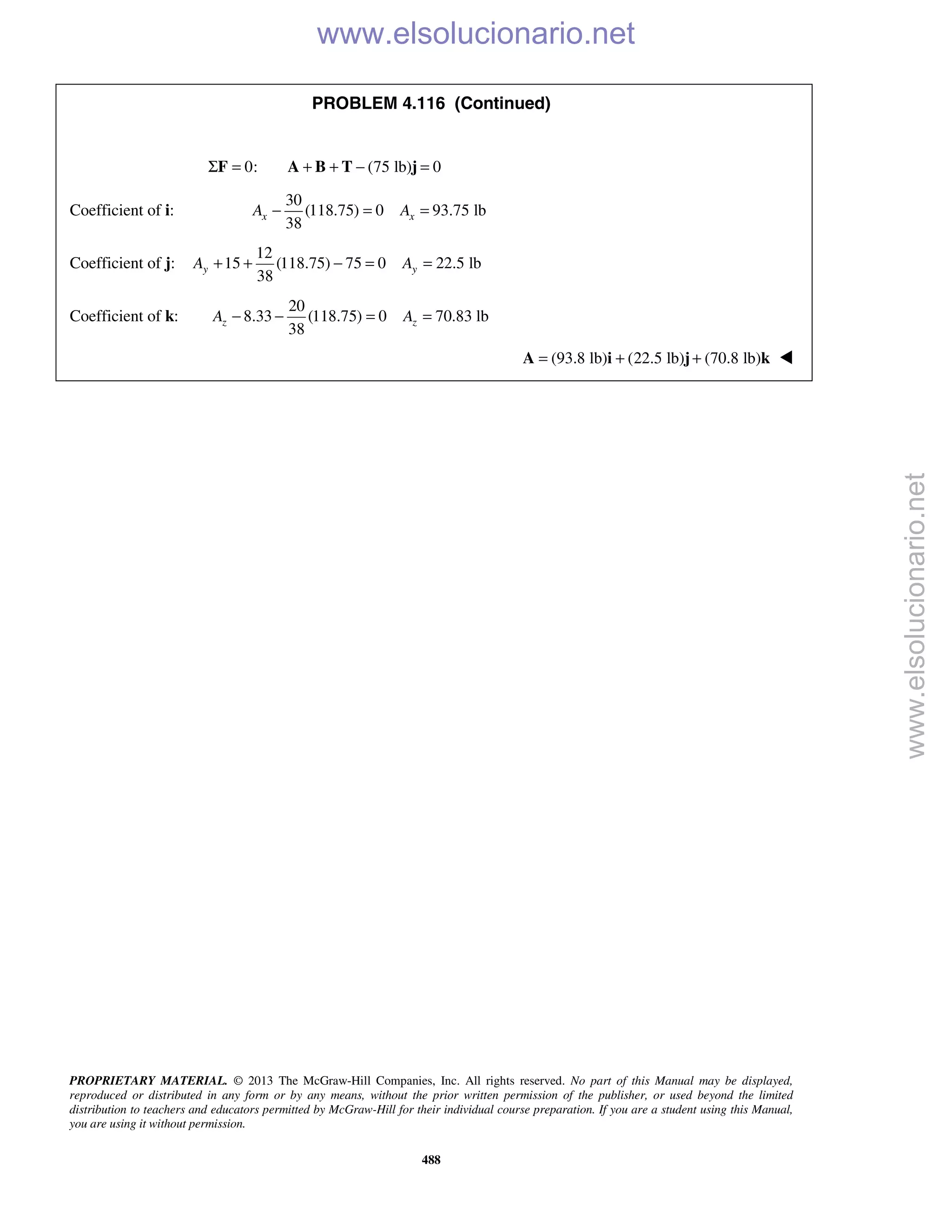 PROPRIETARY MATERIAL. © 2013 The McGraw-Hill Companies, Inc. All rights reserved. No part of this Manual may be displayed,
reproduced or distributed in any form or by any means, without the prior written permission of the publisher, or used beyond the limited
distribution to teachers and educators permitted by McGraw-Hill for their individual course preparation. If you are a student using this Manual,
you are using it without permission.
488
PROBLEM 4.116 (Continued)
0:Σ =F (75 lb) 0+ + − =A B T j
Coefficient of i:
30
(118.75) 0 93.75 lb
38
x xA A− = =
Coefficient of j:
12
15 (118.75) 75 0 22.5 lb
38
y yA A+ + − = =
Coefficient of k:
20
8.33 (118.75) 0 70.83 lb
38
z zA A− − = =
 (93.8 lb) (22.5 lb) (70.8 lb)= + +A i j k 
www.elsolucionario.net
www.elsolucionario.net
 
