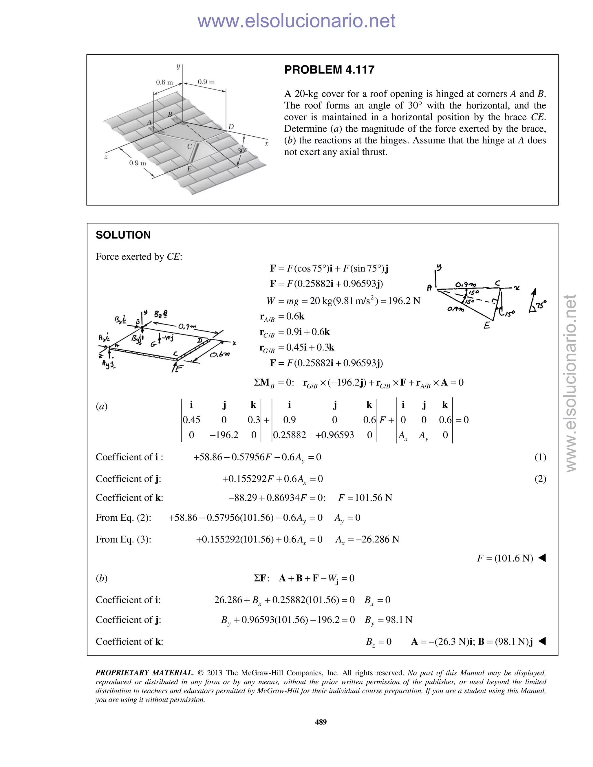 PROPRIETARY MATERIAL. © 2013 The McGraw-Hill Companies, Inc. All rights reserved. No part of this Manual may be displayed,
reproduced or distributed in any form or by any means, without the prior written permission of the publisher, or used beyond the limited
distribution to teachers and educators permitted by McGraw-Hill for their individual course preparation. If you are a student using this Manual,
you are using it without permission.
489
PROBLEM 4.117
A 20-kg cover for a roof opening is hinged at corners A and B.
The roof forms an angle of 30° with the horizontal, and the
cover is maintained in a horizontal position by the brace CE.
Determine (a) the magnitude of the force exerted by the brace,
(b) the reactions at the hinges. Assume that the hinge at A does
not exert any axial thrust.
SOLUTION
Force exerted by CE:
2
/
/
/
(cos75 ) (sin 75 )
(0.25882 0.96593 )
20 kg(9.81m/s ) 196.2 N
0.6
0.9 0.6
0.45 0.3
(0.25882 0.96593 )
A B
C B
G B
F F
F
W mg
F
= ° + °
= +
= = =
=
= +
= +
= +
F i j
F i j
r k
r i k
r i k
F i j
/ / /0: ( 196.2 ) 0B G B C B A BΣ = × − + × + × =M r j r F r A
(a)
0.45 0 0.3 0.9 0 0.6 0 0 0.6 0
0 196.2 0 0.25882 0.96593 0 0x y
F
A A
+ + =
− +
i j k i j k i j k
Coefficient of i : 58.86 0.57956 0.6 0yF A+ − − = (1)
Coefficient of j: 0.155292 0.6 0xF A+ + = (2)
Coefficient of k: 88.29 0.86934 0: 101.56 NF F− + = =
From Eq. (2): 58.86 0.57956(101.56) 0.6 0 0y yA A+ − − = =
From Eq. (3): 0.155292(101.56) 0.6 0 26.286 Nx xA A+ + = = −
(101.6 N)F = 
(b) : 0WΣ + + − =jF A B F
Coefficient of i: 26.286 0.25882(101.56) 0 0x xB B+ + = =
Coefficient of j: 0.96593(101.56) 196.2 0 98.1 Ny yB B+ − = =
Coefficient of k: 0zB = (26.3 N) ; (98.1 N)= − =A i B j 
www.elsolucionario.net
www.elsolucionario.net
 