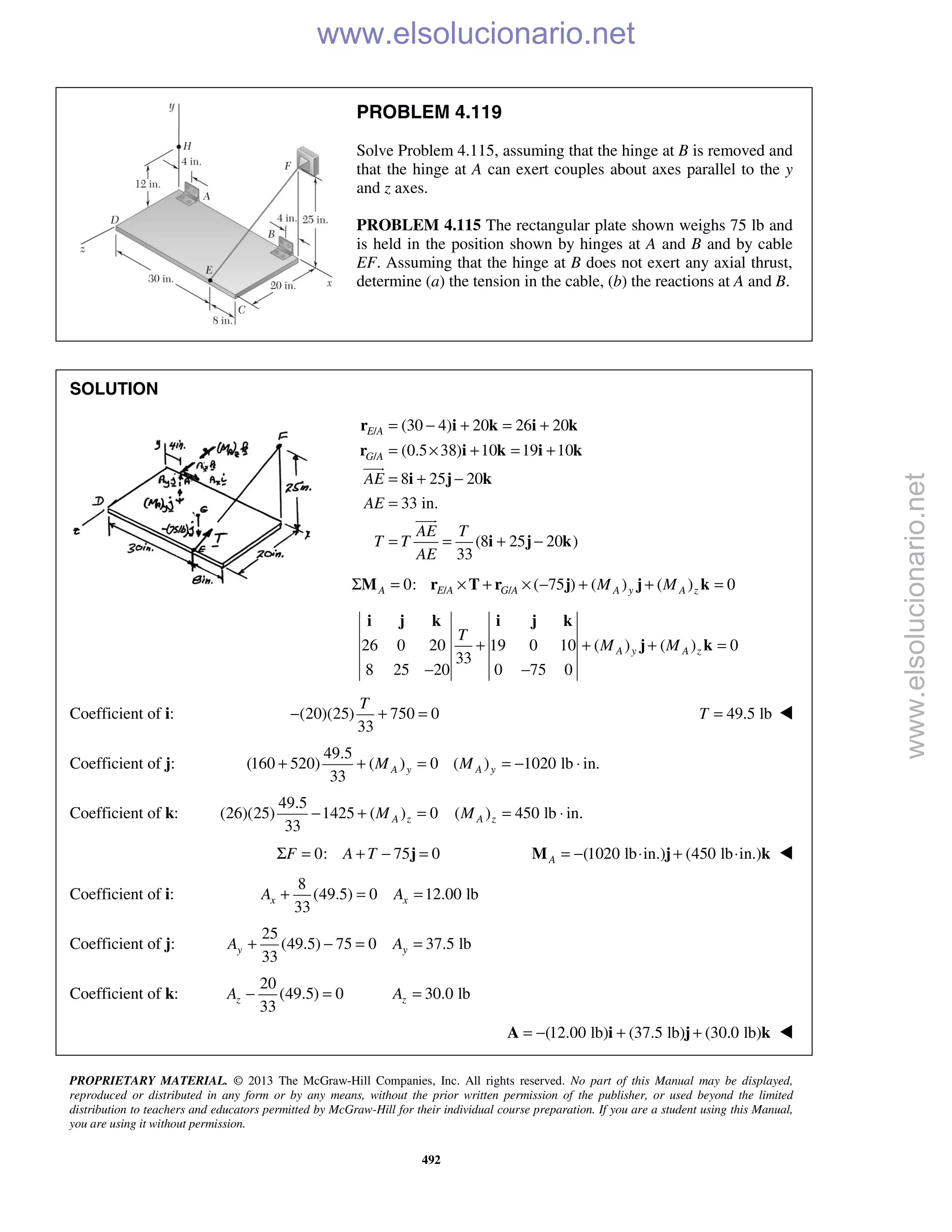 PROPRIETARY MATERIAL. © 2013 The McGraw-Hill Companies, Inc. All rights reserved. No part of this Manual may be displayed,
reproduced or distributed in any form or by any means, without the prior written permission of the publisher, or used beyond the limited
distribution to teachers and educators permitted by McGraw-Hill for their individual course preparation. If you are a student using this Manual,
you are using it without permission.
492
PROBLEM 4.119
Solve Problem 4.115, assuming that the hinge at B is removed and
that the hinge at A can exert couples about axes parallel to the y
and z axes.
PROBLEM 4.115 The rectangular plate shown weighs 75 lb and
is held in the position shown by hinges at A and B and by cable
EF. Assuming that the hinge at B does not exert any axial thrust,
determine (a) the tension in the cable, (b) the reactions at A and B.
SOLUTION
/
/
(30 4) 20 26 20
(0.5 38) 10 19 10
8 25 20
33 in.
(8 25 20 )
33
E A
G A
AE
AE
AE T
T T
AE
= − + = +
= × + = +
= + −
=
= = + −
r i k i k
r i k i k
i j k
i j k


/ /0: ( 75 ) ( ) ( ) 0Σ = × + × − + + =A E A G A A y A zM MM r T r j j k
26 0 20 19 0 10 ( ) ( ) 0
33
8 25 20 0 75 0
A y A z
T
M M+ + + =
− −
i j k i j k
j k
Coefficient of i: (20)(25) 750 0
33
T
− + = 49.5 lbT = 
Coefficient of j:
49.5
(160 520) ( ) 0 ( ) 1020 lb in.
33
+ + = = − ⋅A y A yM M
Coefficient of k:
49.5
(26)(25) 1425 ( ) 0 ( ) 450 lb in.
33
− + = = ⋅A z A zM M
0: 75 0Σ = + − =F A T j (1020 lb in.) (450 lb in.)A = − ⋅ + ⋅M j k 
Coefficient of i:
8
(49.5) 0 12.00 lb
33
x xA A+ = =
Coefficient of j:
25
(49.5) 75 0 37.5 lb
33
y yA A+ − = =
Coefficient of k:
20
(49.5) 0
33
zA − = 30.0 lb=zA
(12.00 lb) (37.5 lb) (30.0 lb)= − + +A i j k 
www.elsolucionario.net
www.elsolucionario.net
 