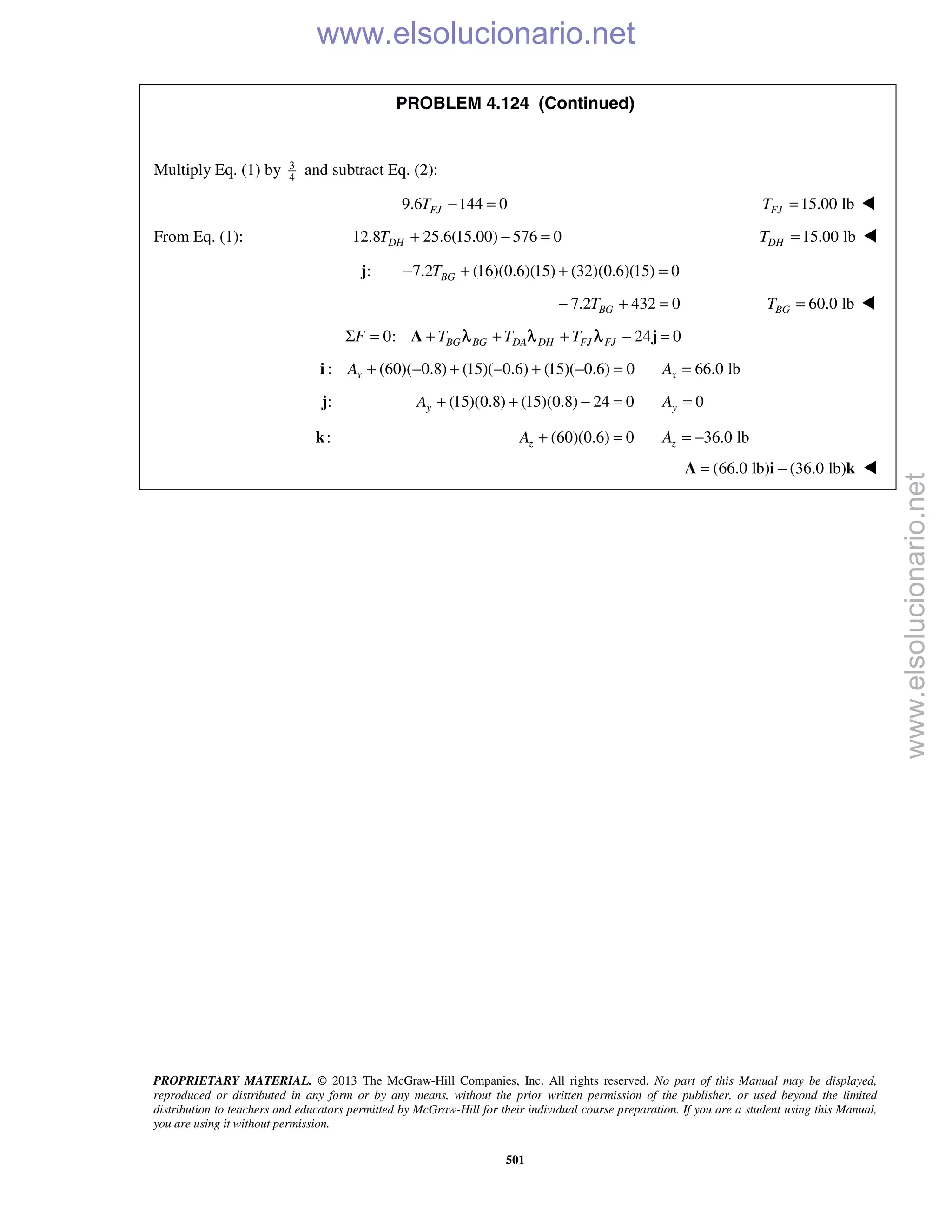 PROPRIETARY MATERIAL. © 2013 The McGraw-Hill Companies, Inc. All rights reserved. No part of this Manual may be displayed,
reproduced or distributed in any form or by any means, without the prior written permission of the publisher, or used beyond the limited
distribution to teachers and educators permitted by McGraw-Hill for their individual course preparation. If you are a student using this Manual,
you are using it without permission.
501
PROBLEM 4.124 (Continued)
Multiply Eq. (1) by 3
4
and subtract Eq. (2):
9.6 144 0FJT − = 15.00 lbFJT = 
From Eq. (1): 12.8 25.6(15.00) 576 0DHT + − = 15.00 lbDHT = 
:j 7.2 (16)(0.6)(15) (32)(0.6)(15) 0BGT− + + =
7.2 432 0BGT− + = 60.0 lbBGT = 
0: 24 0BG BG DA DH FJ FJF T T TΣ = + + + − =A jλ λ λ
: (60)( 0.8) (15)( 0.6) (15)( 0.6) 0xA + − + − + − =i 66.0 lbxA =
:j (15)(0.8) (15)(0.8) 24 0yA + + − = 0yA =
:k (60)(0.6) 0zA + = 36.0 lbzA = −
(66.0 lb) (36.0 lb)= −A i k 
www.elsolucionario.net
www.elsolucionario.net
 