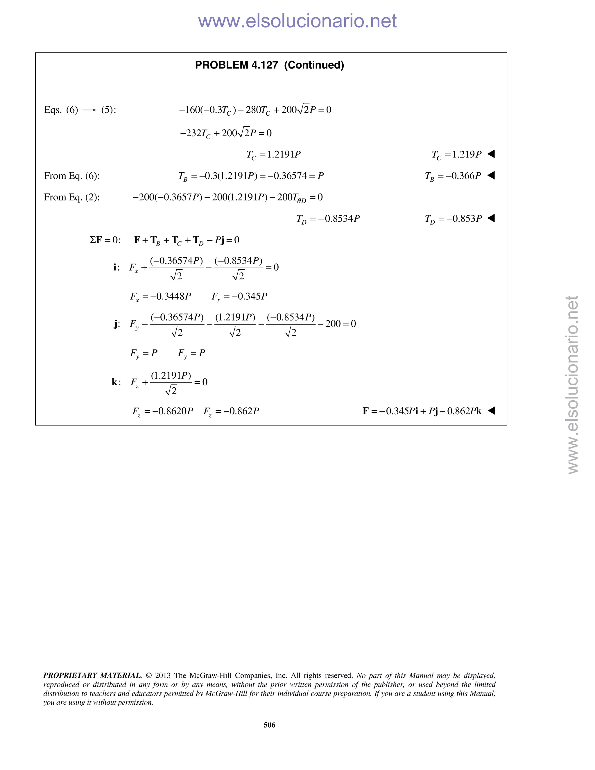PROPRIETARY MATERIAL. © 2013 The McGraw-Hill Companies, Inc. All rights reserved. No part of this Manual may be displayed,
reproduced or distributed in any form or by any means, without the prior written permission of the publisher, or used beyond the limited
distribution to teachers and educators permitted by McGraw-Hill for their individual course preparation. If you are a student using this Manual,
you are using it without permission.
506
PROBLEM 4.127 (Continued)
Eqs. (6) (5): 160( 0.3 ) 280 200 2 0C CT T P− − − + =
232 200 2 0CT P− + =
1.2191CT P= 1.219CT P= 
From Eq. (6): 0.3(1.2191 ) 0.36574BT P P= − = − = 0.366BT P= − 
From Eq. (2): 200( 0.3657 ) 200(1.2191 ) 200 0DP P Tθ− − − − =
0.8534DT P= − 0.853DT P= − 
0:Σ =F 0B C D P+ + + − =F T T T j
( 0.36574 ) ( 0.8534 )
: 0
2 2
x
P P
F
− −
+ − =i
0.3448 0.345x xF P F P= − = −
( 0.36574 ) (1.2191 ) ( 0.8534 )
: 200 0
2 2 2
y
P P P
F
− −
− − − − =j
y yF P F P= =
(1.2191 )
: 0
2
z
P
F + =k
0.8620 0.862z zF P F P= − = − 0.345 0.862P P P= − + −F i j k 
www.elsolucionario.net
www.elsolucionario.net
 
