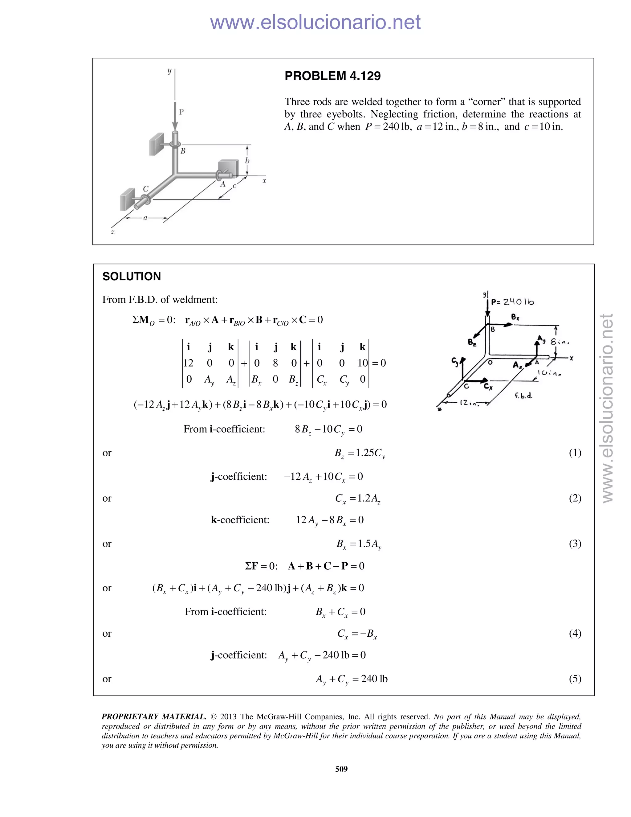 PROPRIETARY MATERIAL. © 2013 The McGraw-Hill Companies, Inc. All rights reserved. No part of this Manual may be displayed,
reproduced or distributed in any form or by any means, without the prior written permission of the publisher, or used beyond the limited
distribution to teachers and educators permitted by McGraw-Hill for their individual course preparation. If you are a student using this Manual,
you are using it without permission.
509
PROBLEM 4.129
Three rods are welded together to form a “corner” that is supported
by three eyebolts. Neglecting friction, determine the reactions at
A, B, and C when 240P = lb, 12 in., 8 in.,a b= = and 10 in.c =
SOLUTION
From F.B.D. of weldment:
/ / /0: 0O A O B O C OΣ = × + × + × =M r A r B r C
12 0 0 0 8 0 0 0 10 0
0 0 0y z x z x yA A B B C C
+ + =
i j k i j k i j k
( 12 12 ) (8 8 ) ( 10 10 ) 0z y z x y xA A B B C C− + + − + − + =j k i k i j
From i-coefficient: 8 10 0z yB C− =
or 1.25z yB C= (1)
j-coefficient: 12 10 0z xA C− + =
or 1.2x zC A= (2)
k-coefficient: 12 8 0y xA B− =
or 1.5x yB A= (3)
 0: 0Σ = + + − =F A B C P 
or ( ) ( 240 lb) ( ) 0x x y y z zB C A C A B+ + + − + + =i j k 
From i-coefficient: 0x xB C+ =
or x xC B= − (4)
j-coefficient: 240 lb 0y yA C+ − =
or 240 lby yA C+ = (5)
www.elsolucionario.net
www.elsolucionario.net
 