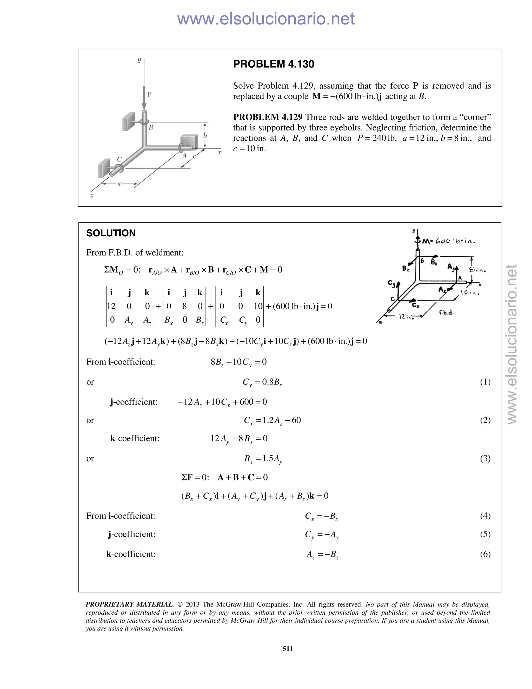 PROPRIETARY MATERIAL. © 2013 The McGraw-Hill Companies, Inc. All rights reserved. No part of this Manual may be displayed,
reproduced or distributed in any form or by any means, without the prior written permission of the publisher, or used beyond the limited
distribution to teachers and educators permitted by McGraw-Hill for their individual course preparation. If you are a student using this Manual,
you are using it without permission.
511
PROBLEM 4.130
Solve Problem 4.129, assuming that the force P is removed and is
replaced by a couple (600 lb in.)= + ⋅M j acting at B.
PROBLEM 4.129 Three rods are welded together to form a “corner”
that is supported by three eyebolts. Neglecting friction, determine the
reactions at A, B, and C when 240P = lb, 12 in., 8 in.,a b= = and
c 10 in.=
SOLUTION
From F.B.D. of weldment:
/ / /0: 0O A O B O C OΣ = × + × + × + =M r A r B r C M
12 0 0 0 8 0 0 0 10 (600 lb in.) 0
0 0 0y z x z x yA A B B C C
+ + + ⋅ =
i j k i j k i j k
j
( 12 12 ) (8 8 ) ( 10 10 ) (600 lb in.) 0z y z x y xA A B B C C− + + − + − + + ⋅ =j k j k i j j
From i-coefficient: 8 10 0z yB C− =
or 0.8y zC B= (1)
j-coefficient: 12 10 600 0z xA C− + + =
or 1.2 60x zC A= − (2)
k-coefficient: 12 8 0y xA B− =
or 1.5x yB A= (3)
 0: 0Σ = + + =F A B C 
 ( ) ( ) ( ) 0x x y y z zB C A C A B+ + + + + =i j k 
From i-coefficient: x xC B= − (4)
j-coefficient: y yC A= − (5)
k-coefficient: z zA B= − (6)
www.elsolucionario.net
www.elsolucionario.net
 