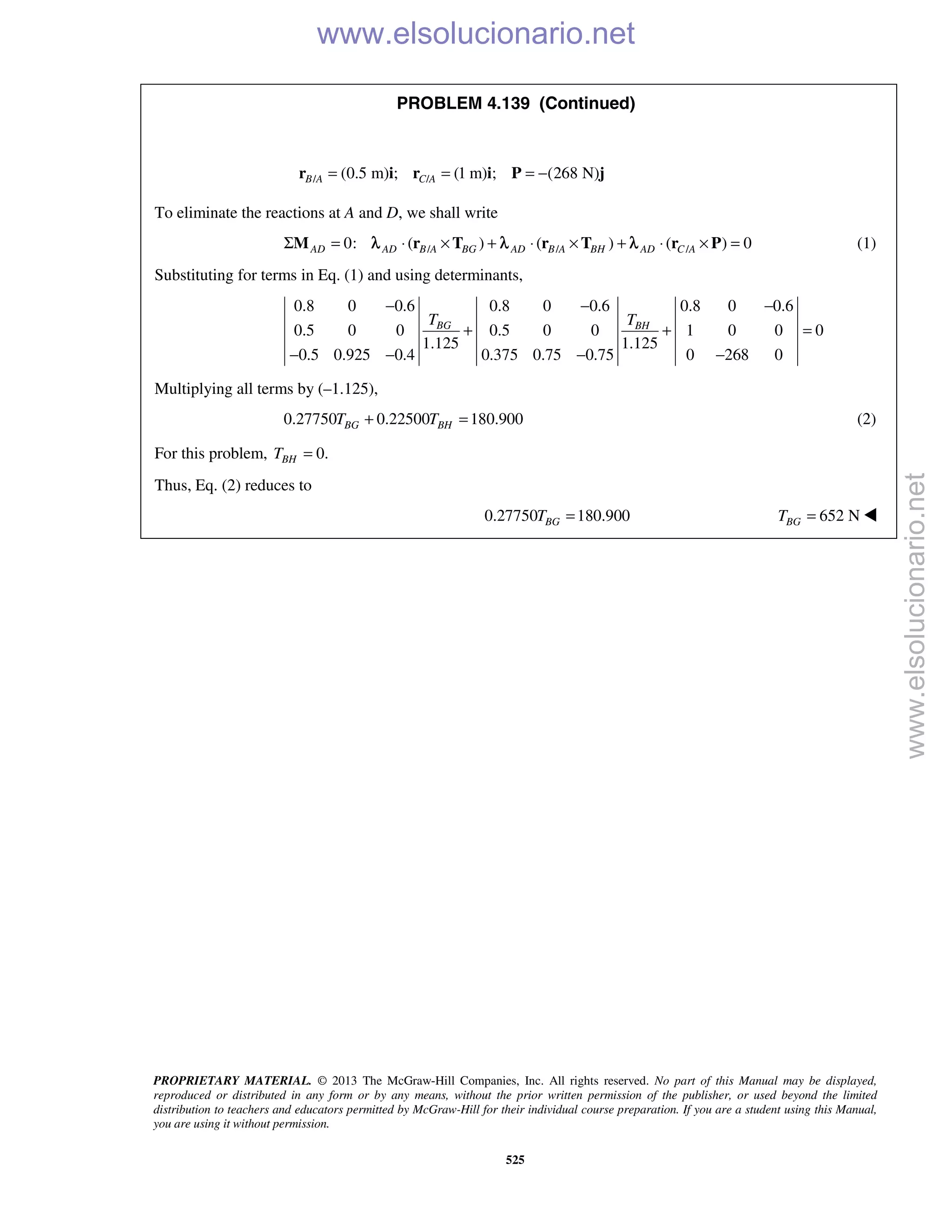 PROPRIETARY MATERIAL. © 2013 The McGraw-Hill Companies, Inc. All rights reserved. No part of this Manual may be displayed,
reproduced or distributed in any form or by any means, without the prior written permission of the publisher, or used beyond the limited
distribution to teachers and educators permitted by McGraw-Hill for their individual course preparation. If you are a student using this Manual,
you are using it without permission.
525
PROBLEM 4.139 (Continued)
/ /(0.5 m) ; (1 m) ; (268 N)B A C A= = = −r i r i P j
To eliminate the reactions at A and D, we shall write
/ / /0: ( ) ( ) ( ) 0AD AD B A BG AD B A BH AD C AΣ = ⋅ × + ⋅ × + ⋅ × =M r T r T r Pλ λ λ (1)
Substituting for terms in Eq. (1) and using determinants,
0.8 0 0.6 0.8 0 0.6 0.8 0 0.6
0.5 0 0 0.5 0 0 1 0 0 0
1.125 1.125
0.5 0.925 0.4 0.375 0.75 0.75 0 268 0
BG BHT T
− − −
+ + =
− − − −
Multiplying all terms by (–1.125),
0.27750 0.22500 180.900BG BHT T+ = (2)
For this problem, 0.BHT =
Thus, Eq. (2) reduces to
0.27750 180.900BGT = 652 NBGT = 
www.elsolucionario.net
www.elsolucionario.net
 