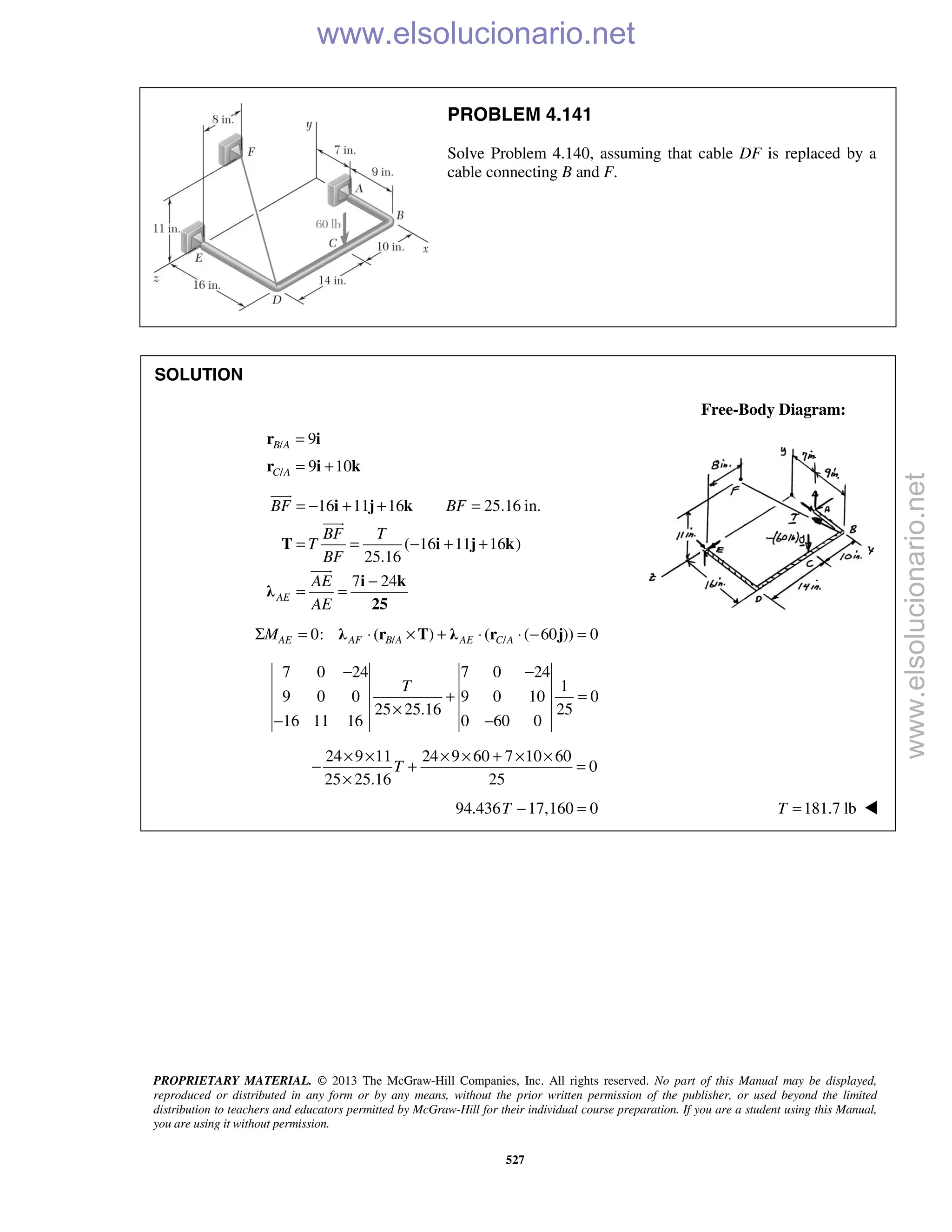 PROPRIETARY MATERIAL. © 2013 The McGraw-Hill Companies, Inc. All rights reserved. No part of this Manual may be displayed,
reproduced or distributed in any form or by any means, without the prior written permission of the publisher, or used beyond the limited
distribution to teachers and educators permitted by McGraw-Hill for their individual course preparation. If you are a student using this Manual,
you are using it without permission.
527
PROBLEM 4.141
Solve Problem 4.140, assuming that cable DF is replaced by a
cable connecting B and F.
SOLUTION
Free-Body Diagram:
/
/
9
9 10
B A
C A
=
= +
r i
r i k
16 11 16 25.16 in.
( 16 11 16 )
25.16
7 24
AE
BF BF
BF T
T
BF
AE
AE
= − + + =
= = − + +
−
= =
i j k
T i j k
i k
λ
25



/ /0: ( ) ( ( 60 )) 0AE AF B A AE C AMΣ = ⋅ × + ⋅ ⋅ − =λ r T λ r j
7 0 24 7 0 24
1
9 0 0 9 0 10 0
25 25.16 25
16 11 16 0 60 0
T
− −
+ =
×
− −
24 9 11 24 9 60 7 10 60
0
25 25.16 25
T
× × × × + × ×
− + =
×
94.436 17,160 0− =T 181.7 lbT = 
www.elsolucionario.net
www.elsolucionario.net
 