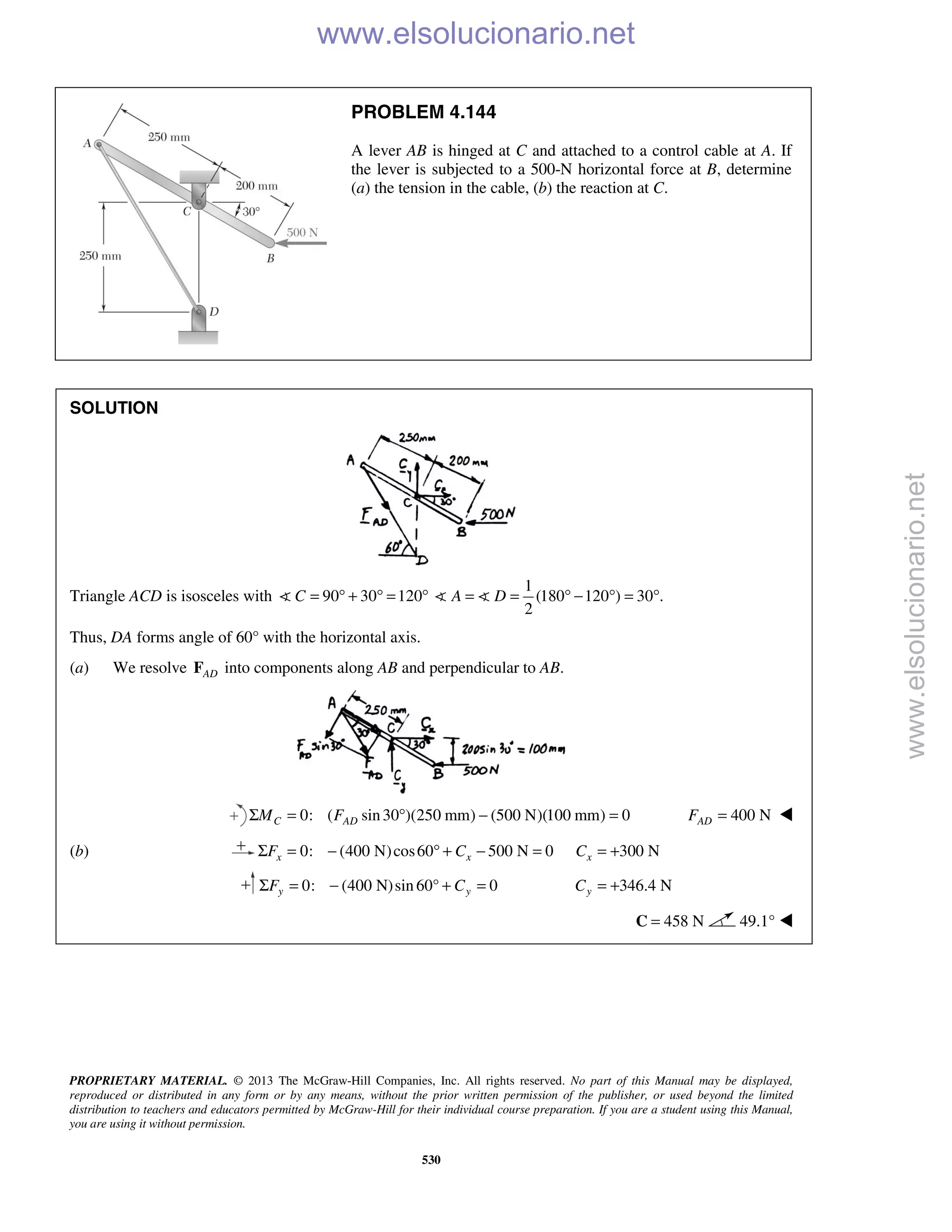 PROPRIETARY MATERIAL. © 2013 The McGraw-Hill Companies, Inc. All rights reserved. No part of this Manual may be displayed,
reproduced or distributed in any form or by any means, without the prior written permission of the publisher, or used beyond the limited
distribution to teachers and educators permitted by McGraw-Hill for their individual course preparation. If you are a student using this Manual,
you are using it without permission.
530
PROBLEM 4.144
A lever AB is hinged at C and attached to a control cable at A. If
the lever is subjected to a 500-N horizontal force at B, determine
(a) the tension in the cable, (b) the reaction at C.
SOLUTION
Triangle ACD is isosceles with 90 30 120C = ° + ° = °
1
(180 120 ) 30 .
2
A D= = ° − ° = ° 
Thus, DA forms angle of 60° with the horizontal axis.
(a) We resolve ADF into components along AB and perpendicular to AB.
0: ( sin30 )(250 mm) (500 N)(100 mm) 0C ADM FΣ = ° − = 400 NADF = 
(b) 0: (400 N)cos60 500 N 0x xF CΣ = − ° + − = 300 NxC = +
0: (400 N)sin 60° 0y yF CΣ = − + = 346.4 NyC = +
458 N=C 49.1°  www.elsolucionario.net
www.elsolucionario.net
 
