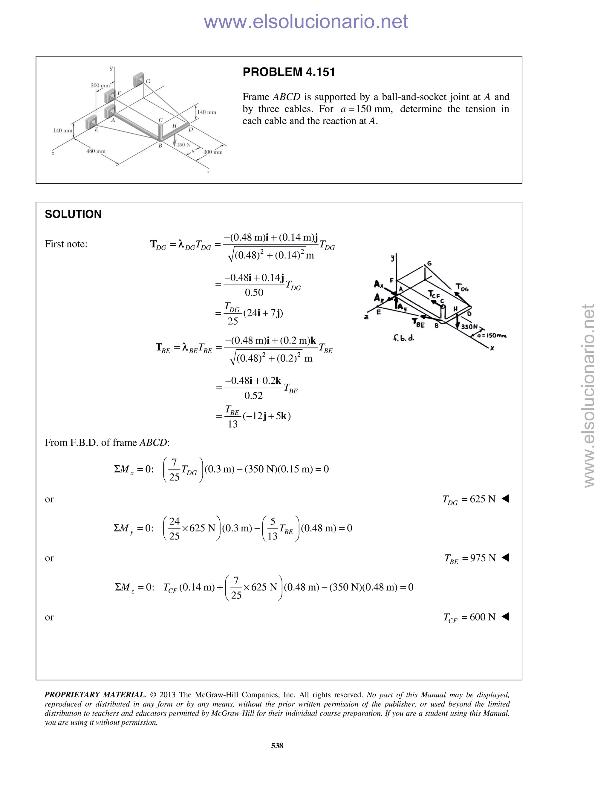 PROPRIETARY MATERIAL. © 2013 The McGraw-Hill Companies, Inc. All rights reserved. No part of this Manual may be displayed,
reproduced or distributed in any form or by any means, without the prior written permission of the publisher, or used beyond the limited
distribution to teachers and educators permitted by McGraw-Hill for their individual course preparation. If you are a student using this Manual,
you are using it without permission.
538
PROBLEM 4.151
Frame ABCD is supported by a ball-and-socket joint at A and
by three cables. For 150 mm,a = determine the tension in
each cable and the reaction at A.
SOLUTION
First note:
2 2
(0.48 m) (0.14 m)
(0.48) (0.14) m
DG DG DG DGT T
− +
= =
+
i j
T λ
0.48 0.14
0.50
(24 7 )
25
DG
DG
T
T
− +
=
= +
i j
i j
2 2
(0.48 m) (0.2 m)
(0.48) (0.2) m
BE BE BE BET T
− +
= =
+
i k
T λ
0.48 0.2
0.52
( 12 5 )
13
BE
BE
T
T
− +
=
= − +
i k
j k
From F.B.D. of frame ABCD:
7
0: (0.3 m) (350 N)(0.15 m) 0
25
x DGM T
 
Σ = − = 
 
or 625 NDGT = 
24 5
0: 625 N (0.3 m) (0.48 m) 0
25 13
y BEM T
   
Σ = × − =   
   
or 975 NBET = 
7
0: (0.14 m) 625 N (0.48 m) (350 N)(0.48 m) 0
25
 
Σ = + × − = 
 
z CFM T
or 600 NCFT = 
www.elsolucionario.net
www.elsolucionario.net
 