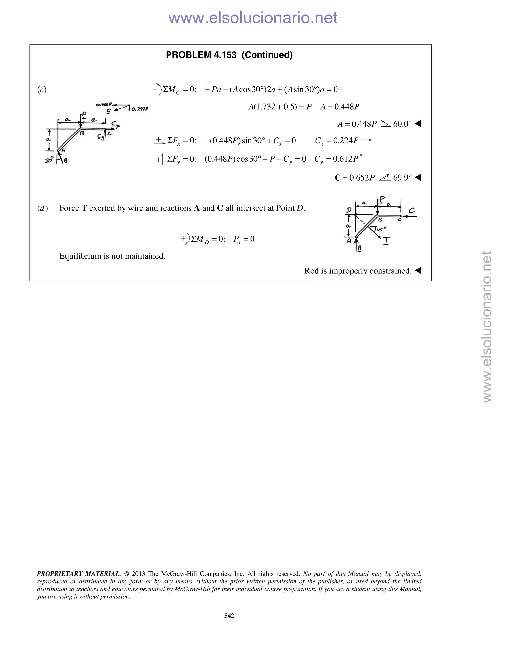 PROPRIETARY MATERIAL. © 2013 The McGraw-Hill Companies, Inc. All rights reserved. No part of this Manual may be displayed,
reproduced or distributed in any form or by any means, without the prior written permission of the publisher, or used beyond the limited
distribution to teachers and educators permitted by McGraw-Hill for their individual course preparation. If you are a student using this Manual,
you are using it without permission.
542
PROBLEM 4.153 (Continued)
(c) 0: ( cos30 )2 ( sin30 ) 0CM Pa A a A aΣ = + − ° + ° =
(1.732 0.5) 0.448A P A P+ = =
0.448A P= 60.0° 
0: (0.448 )sin30 0 0.224x x xF P C C PΣ = − ° + = =
0: (0.448 )cos30 0 0.612y y yF P P C C PΣ = ° − + = =
0.652P=C 69.9° 

(d) Force T exerted by wire and reactions A and C all intersect at Point D.
0: 0D aM PΣ = =
Equilibrium is not maintained.
Rod is improperly constrained. 
www.elsolucionario.net
www.elsolucionario.net
 